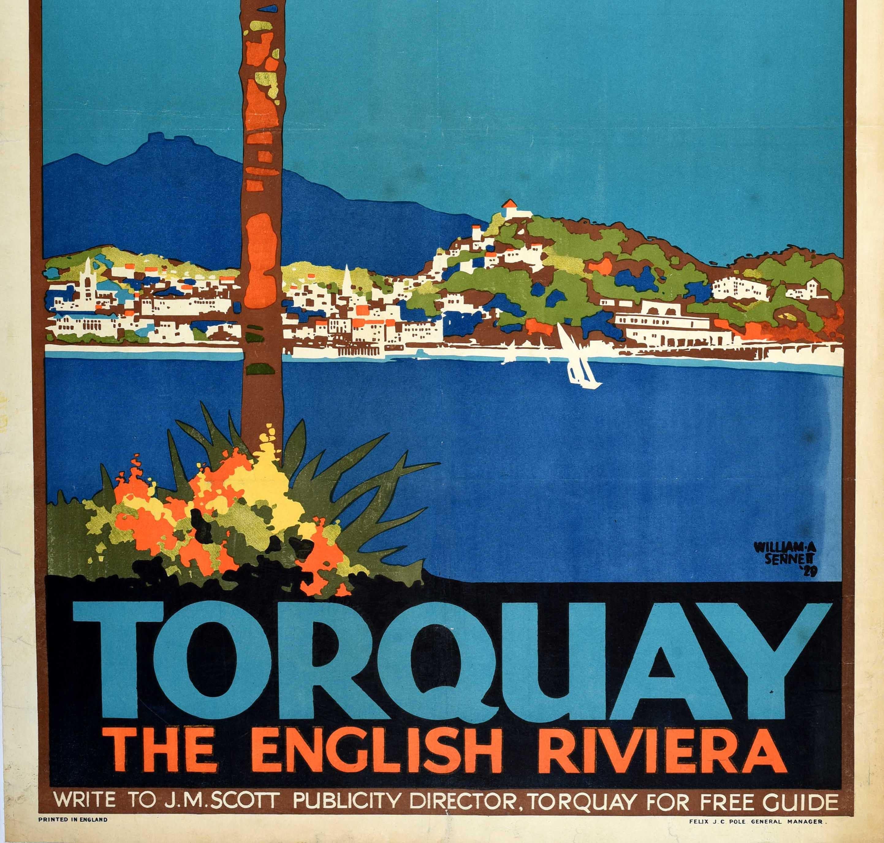 Original vintage Great Western Railway poster for Torquay The English Riviera featuring a stunning Art Deco design depicting a view across the harbour with boats sailing along the coast in front of the popular seaside town with hills against the