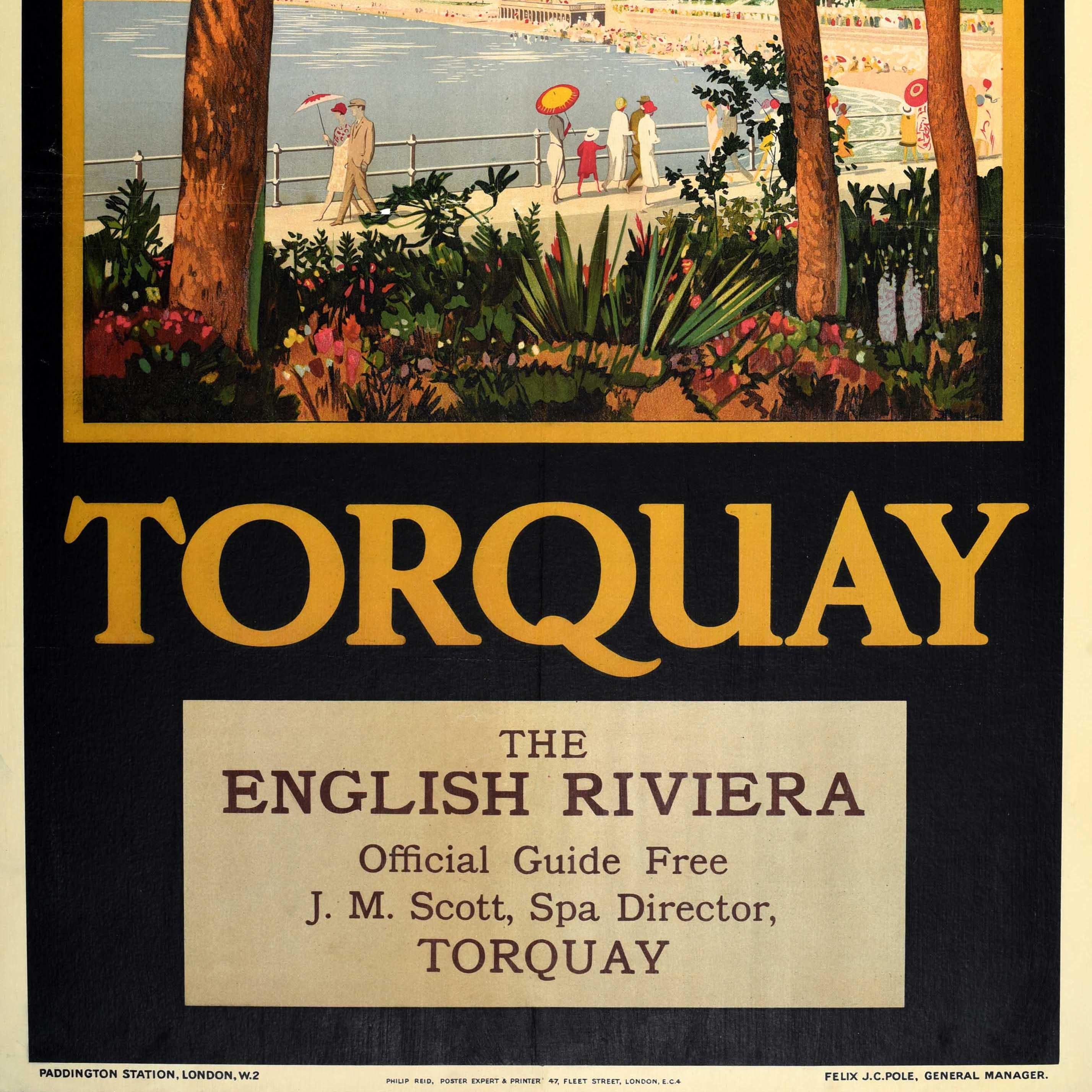 Original vintage Great Western Railway poster for Torquay The English Riviera featuring great artwork showing smartly dressed people walking along the promenade including couples and families and ladies holding colourful parasols in front of a