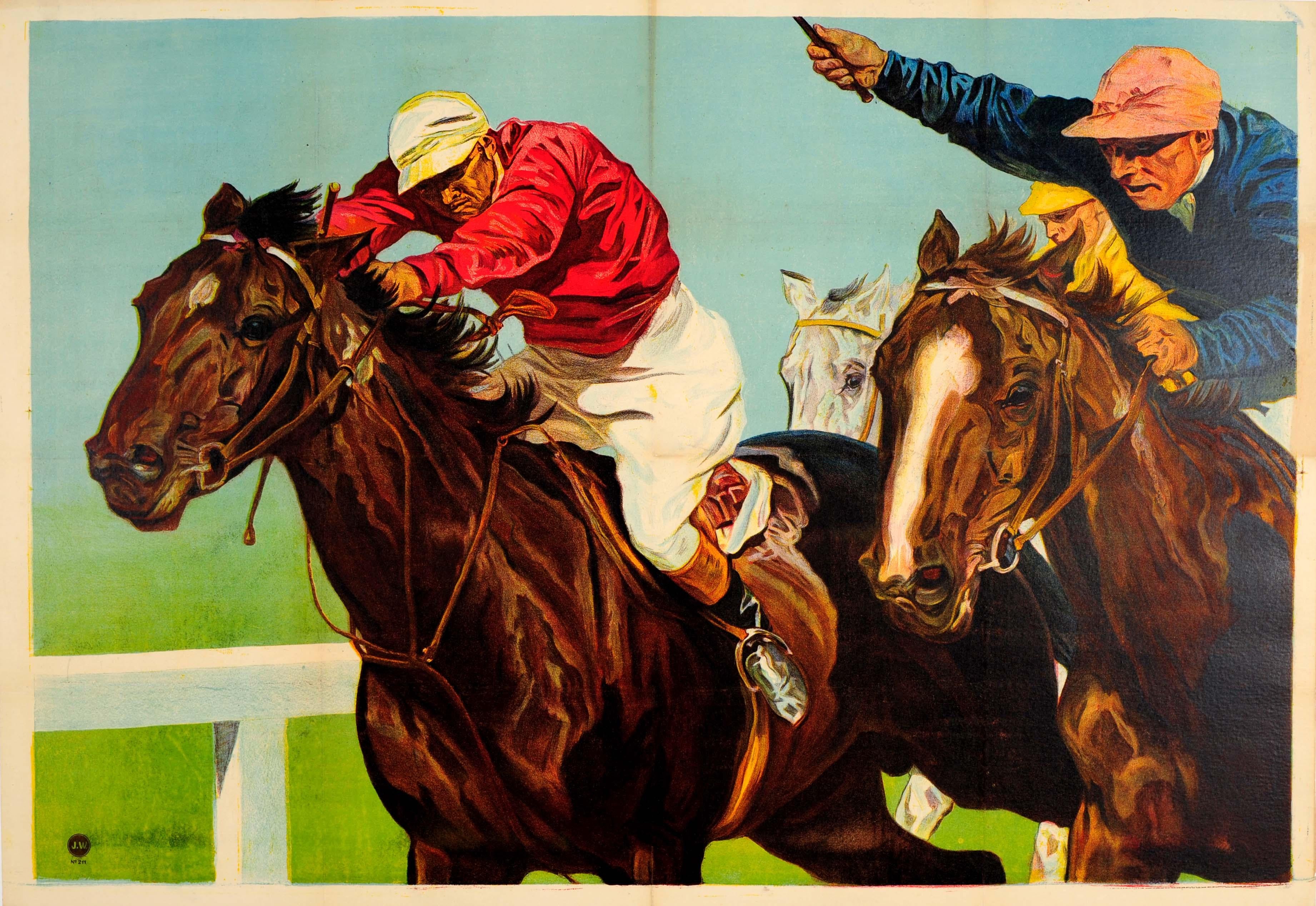 Unknown Print - Original Vintage Horse Racing Sport Poster Ft. Painting Of Jockeys In Horse Race