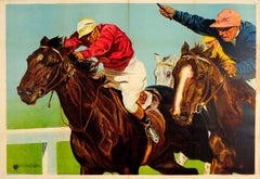 Original Vintage Horse Racing Sport Poster Ft. Painting Of Jockeys In Horse Race