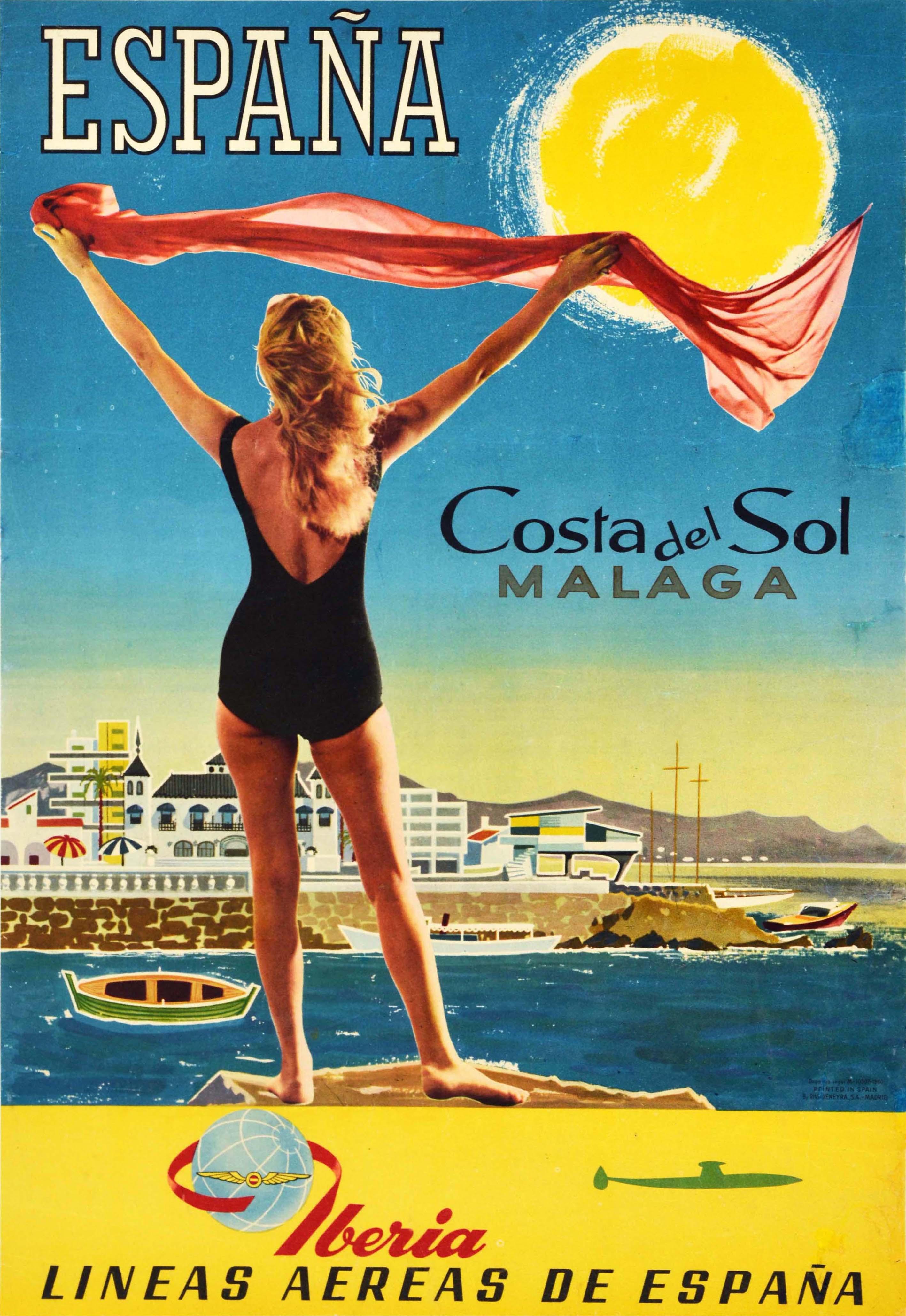 Unknown Print - Original Vintage Iberia Air Travel Poster For Costa Del Sol Malaga Espana Spain