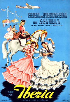 Original Vintage Iberia Airlines Travel Poster Fiera De Primavera Sevilla Spain