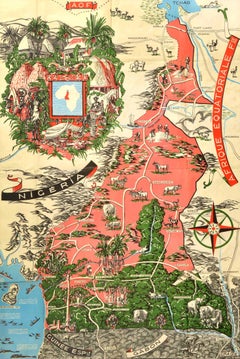 Original Vintage Illustrated Map Poster Afrique Equatoriale Francaise Cameroon