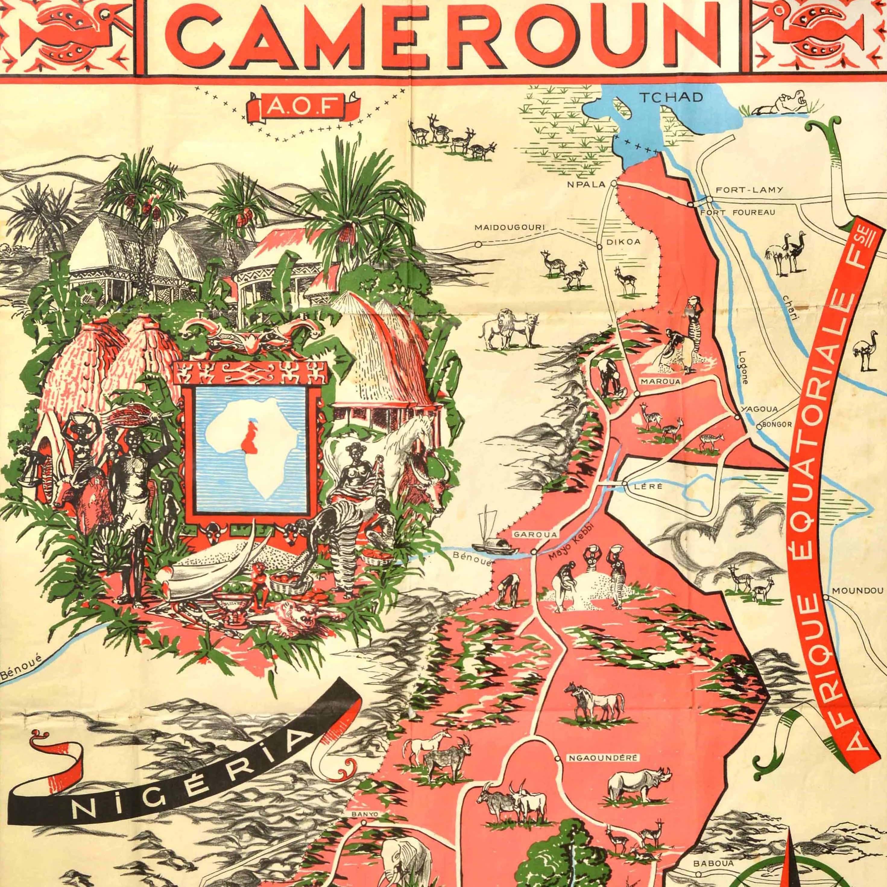 Original vintage illustrated map poster for Cameroun AOF Afrique Occidentale Francaise / Cameroon French West Africa showing the Central African country of Cameroon in pink and green on the Gulf of Guinea bordered by Nigeria, Chad, Guinea and Gabon