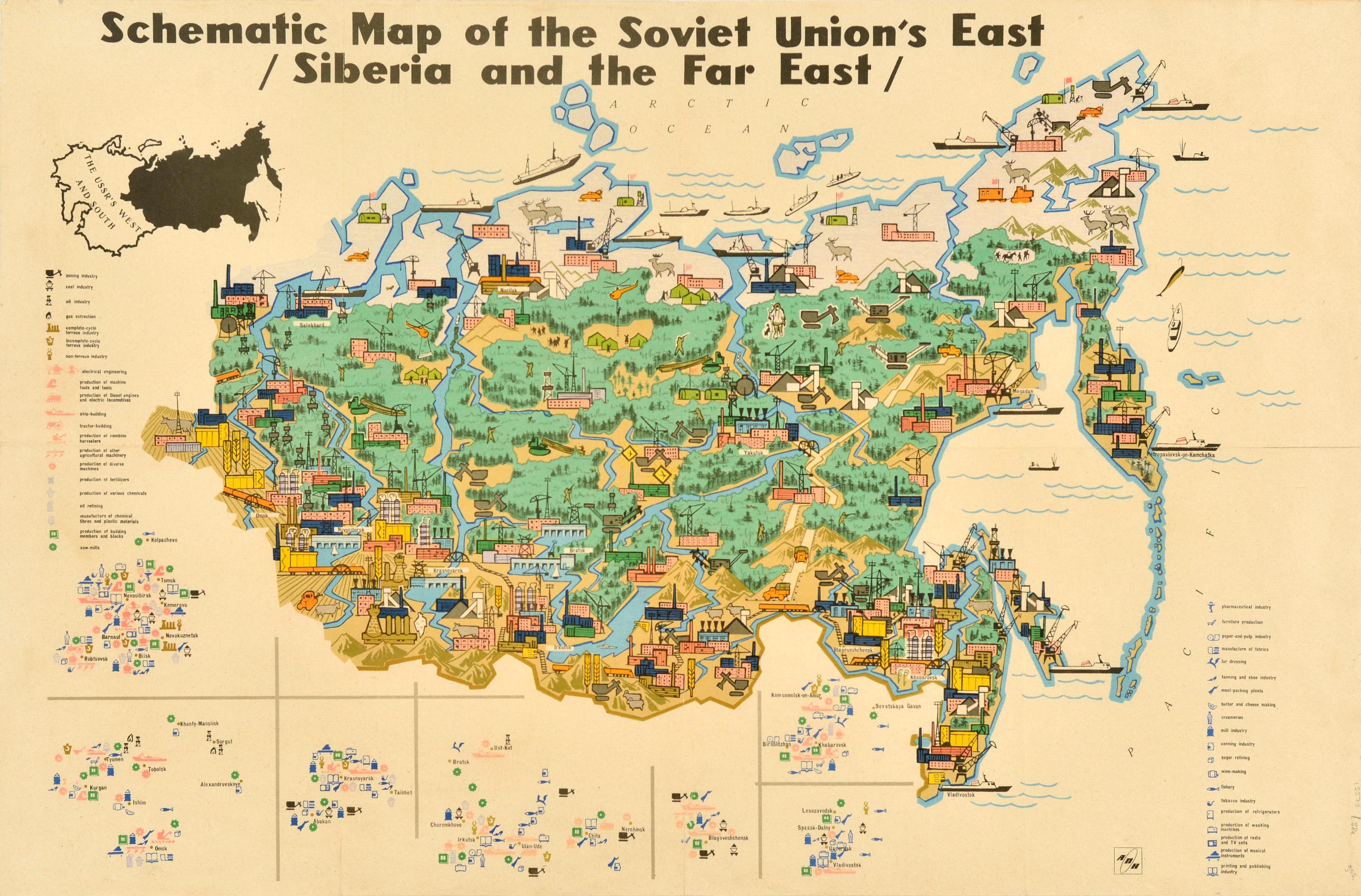 Unknown Print - Original Vintage Illustrated Map Poster Schematic Map Soviet Union USSR Russia