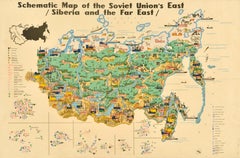 Original Vintage illustriertes Kartenplakat, Schematische Karte, Sowjetische Union, UdSSR, Russland, Russland