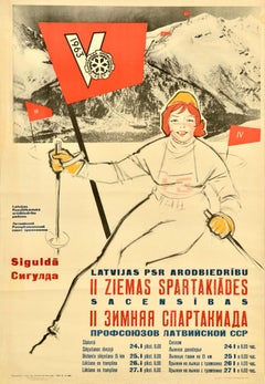 Affiche vintage originale d'événements sportifs internationaux d'hiver Spartakiad Latvia USSR