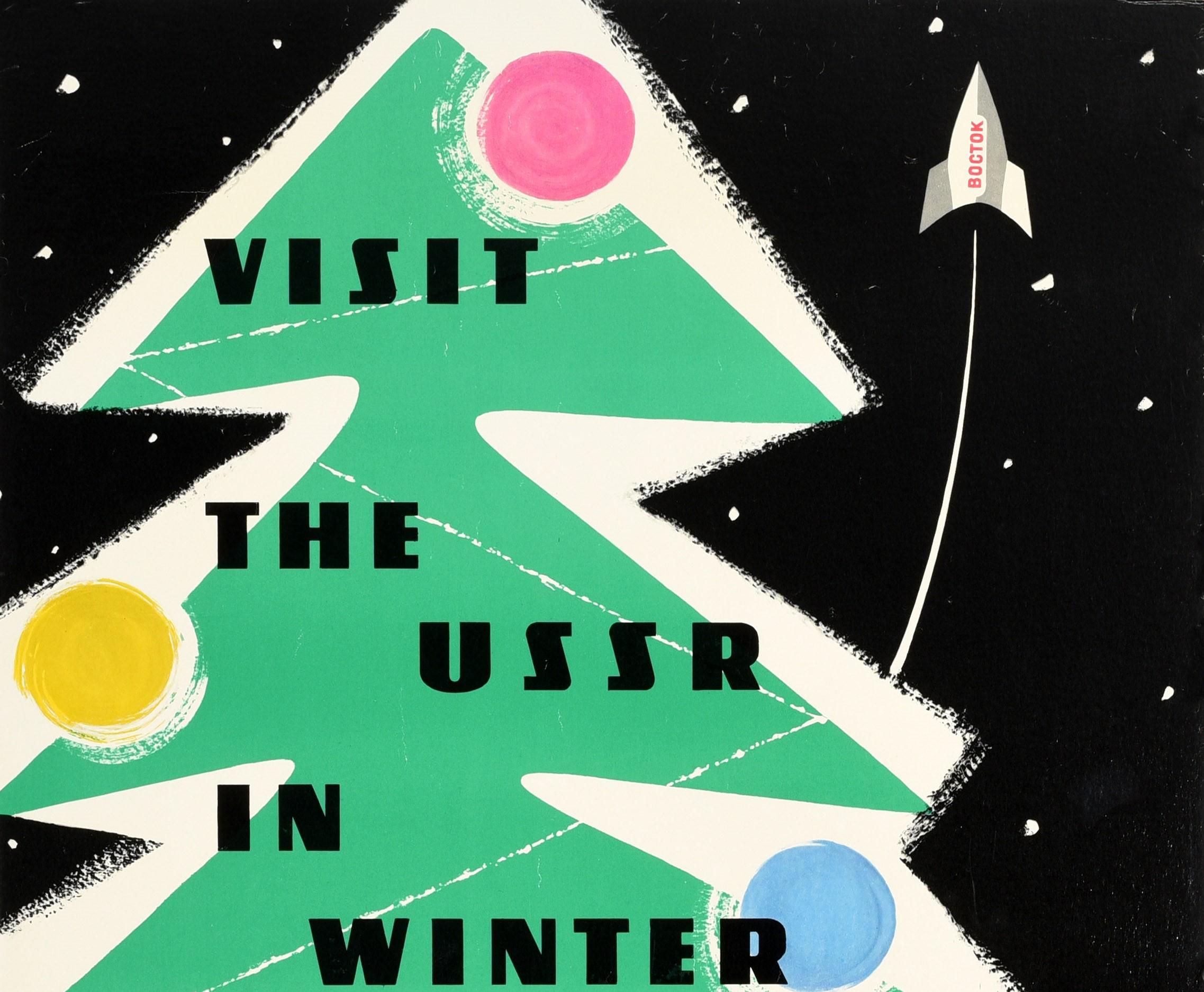 Original Vintage Intourist Travel Poster Visit The USSR In Winter Space Rocket - Print by Unknown