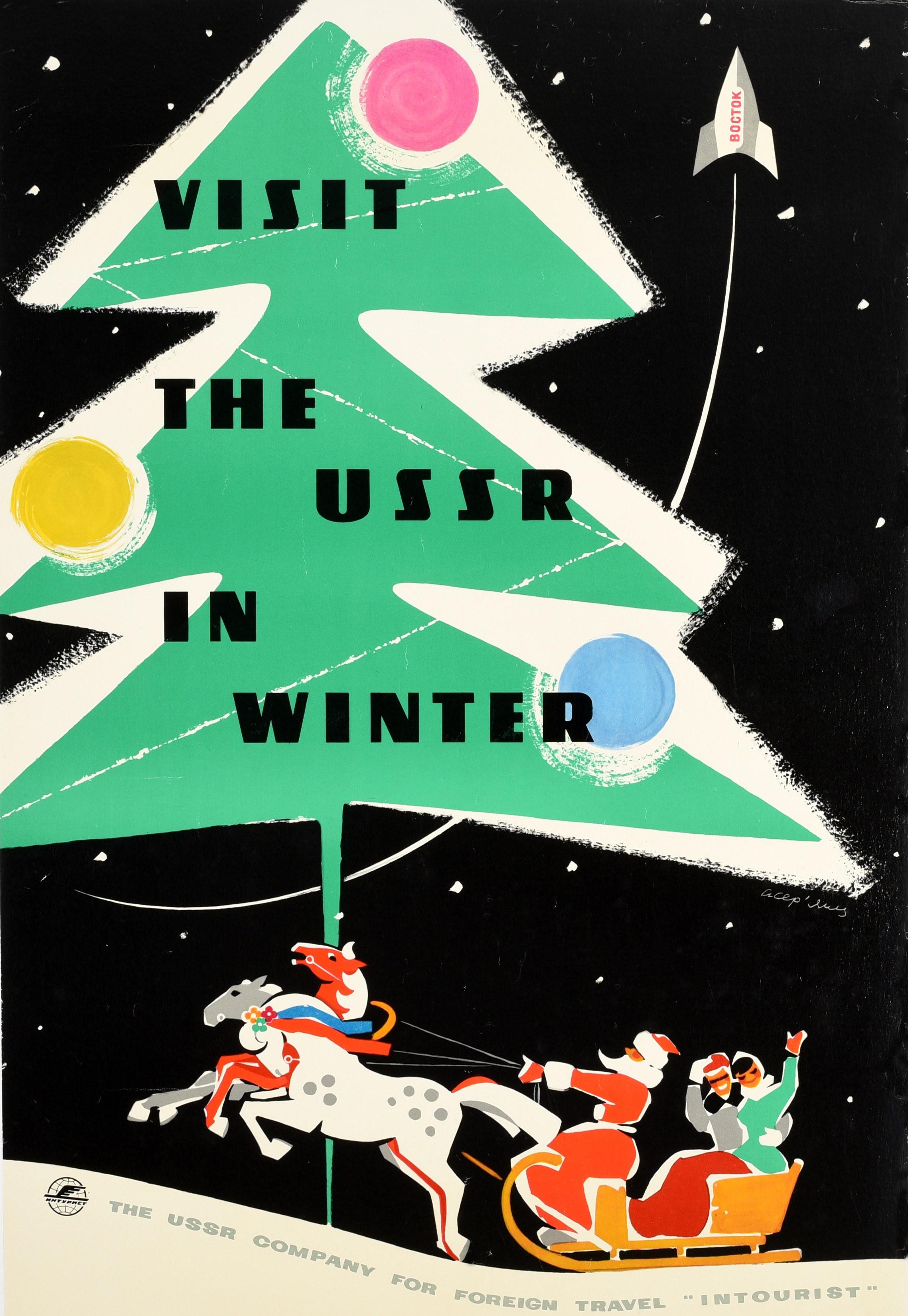 Original vintage Soviet travel poster issued by The USSR Company for Foreign Travel Intourist - Visit the USSR in Winter - featuring a fun and colourful design depicting a Vostok space rocket shooting into the night sky above a Christmas / New Year