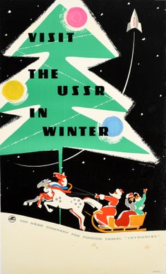 Original Vintage Intourist Travel Poster Visit The USSR In Winter Space Rocket