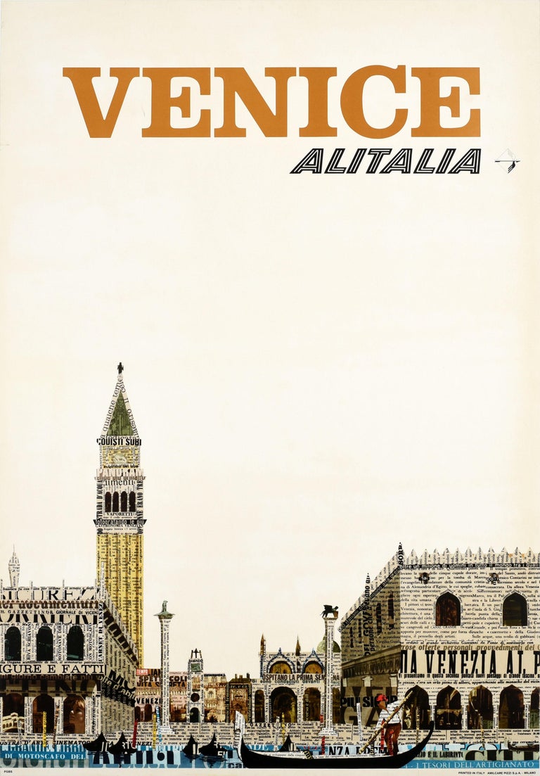 Unknown - Original Vintage Italy Travel Poster Venice Alitalia St Mark's  Square Gondola For Sale at 1stDibs
