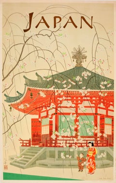 Original Vintage Japan Reiseplakat für Rokakudo Tempel Kyoto - Kirschblütenblüten