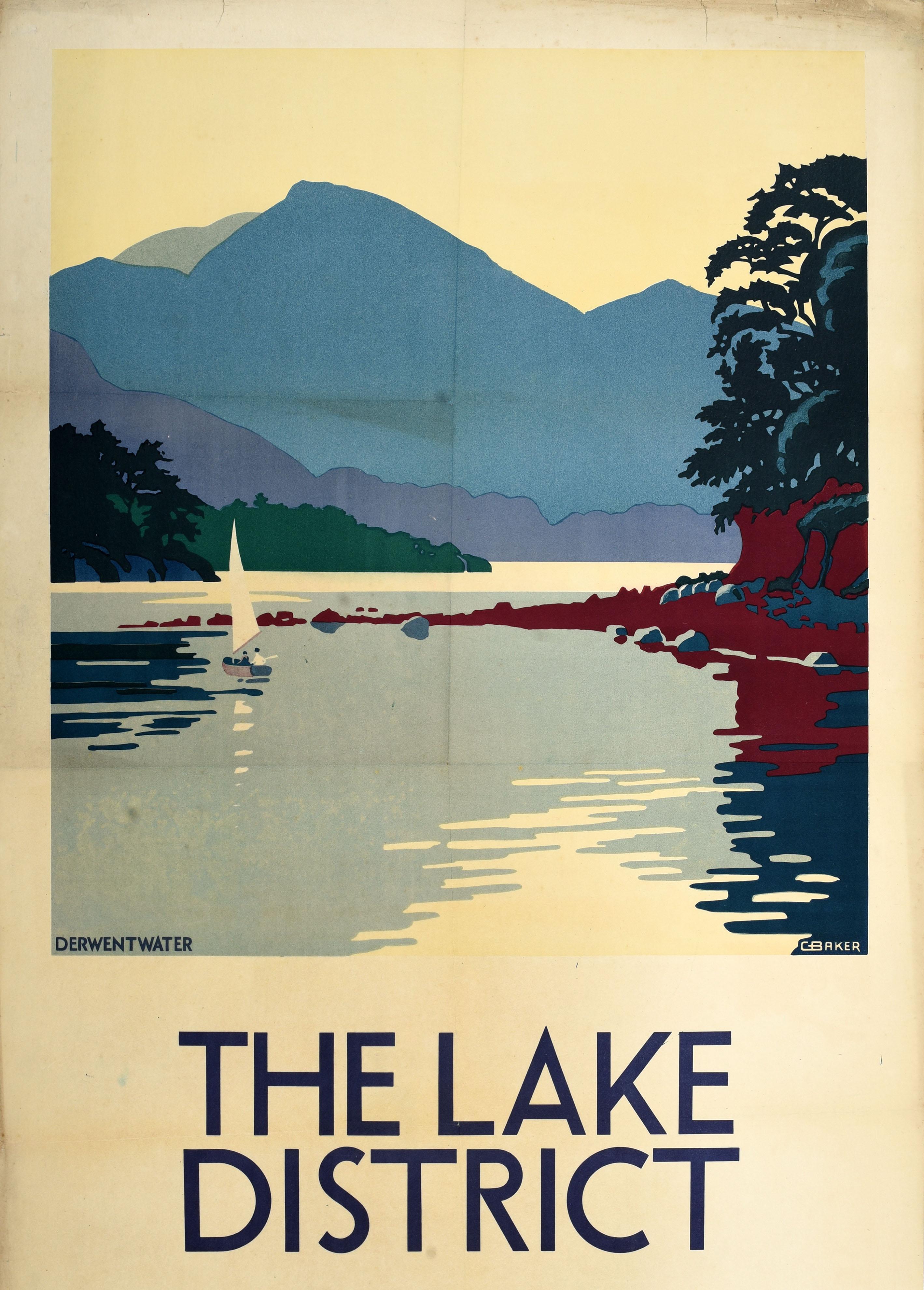 Original vintage LMS London Midland & Scottish railway poster for the Lake District featuring scenic artwork depicting a peaceful view of a sailing boat on Derwentwater with the trees, rocks and hills reflected on the calm water, the title in bold