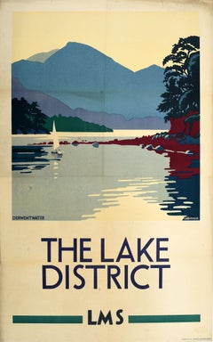 Affiche vintage originale de la LMS Railway du Lake District Derwentwater Cumbria, Angleterre