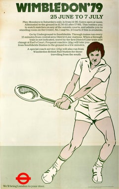 Affiche vintage originale de sport d'été de Wimbledon 1979, Transports de Londres