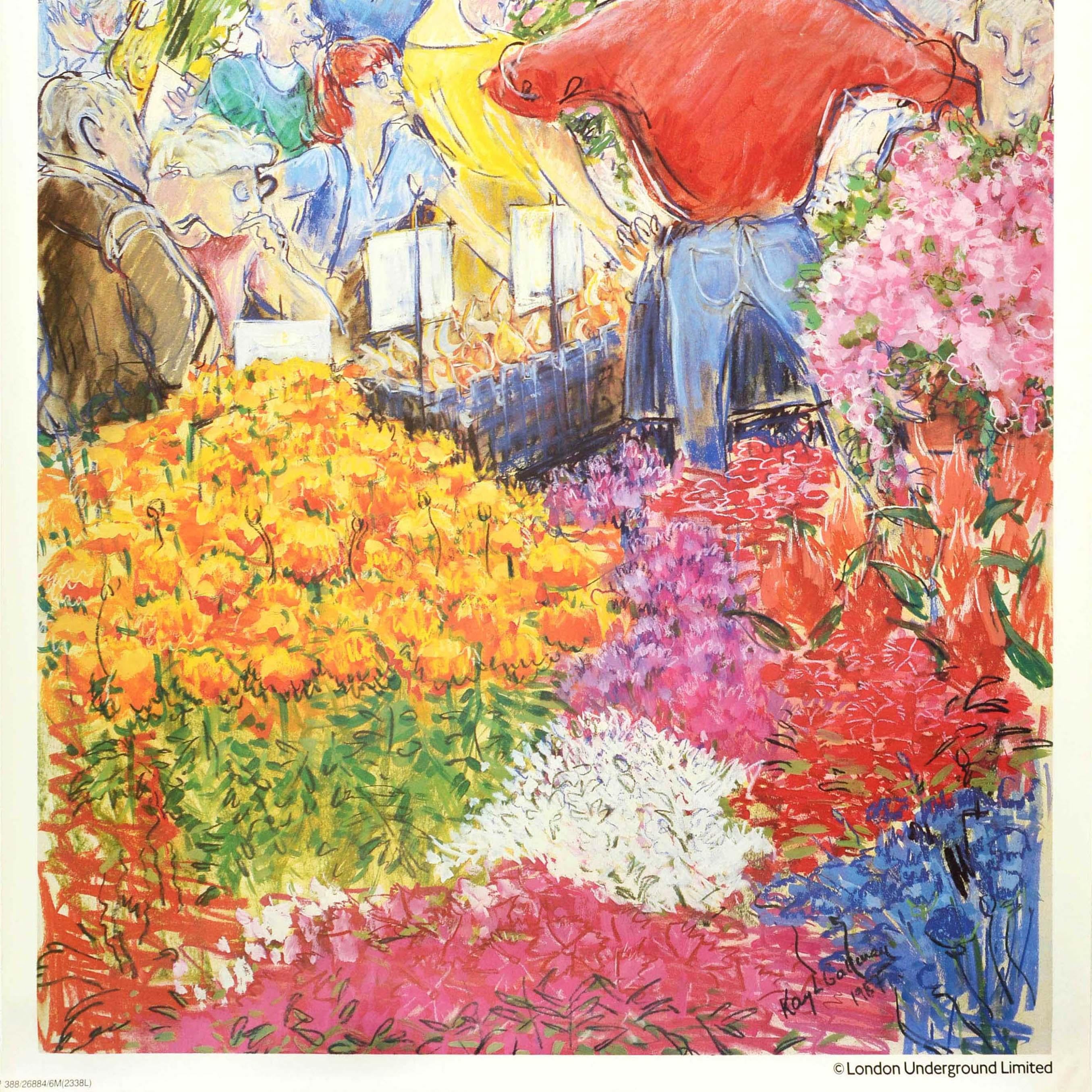 Poster vintage originale della metropolitana di Londra - The Flower Market by Tube Sunday mornings at Columbia Road Shoreditch nearest stations Old Street, Shoreditch - con un'immagine floreale colorata che mostra un venditore di fiori con persone