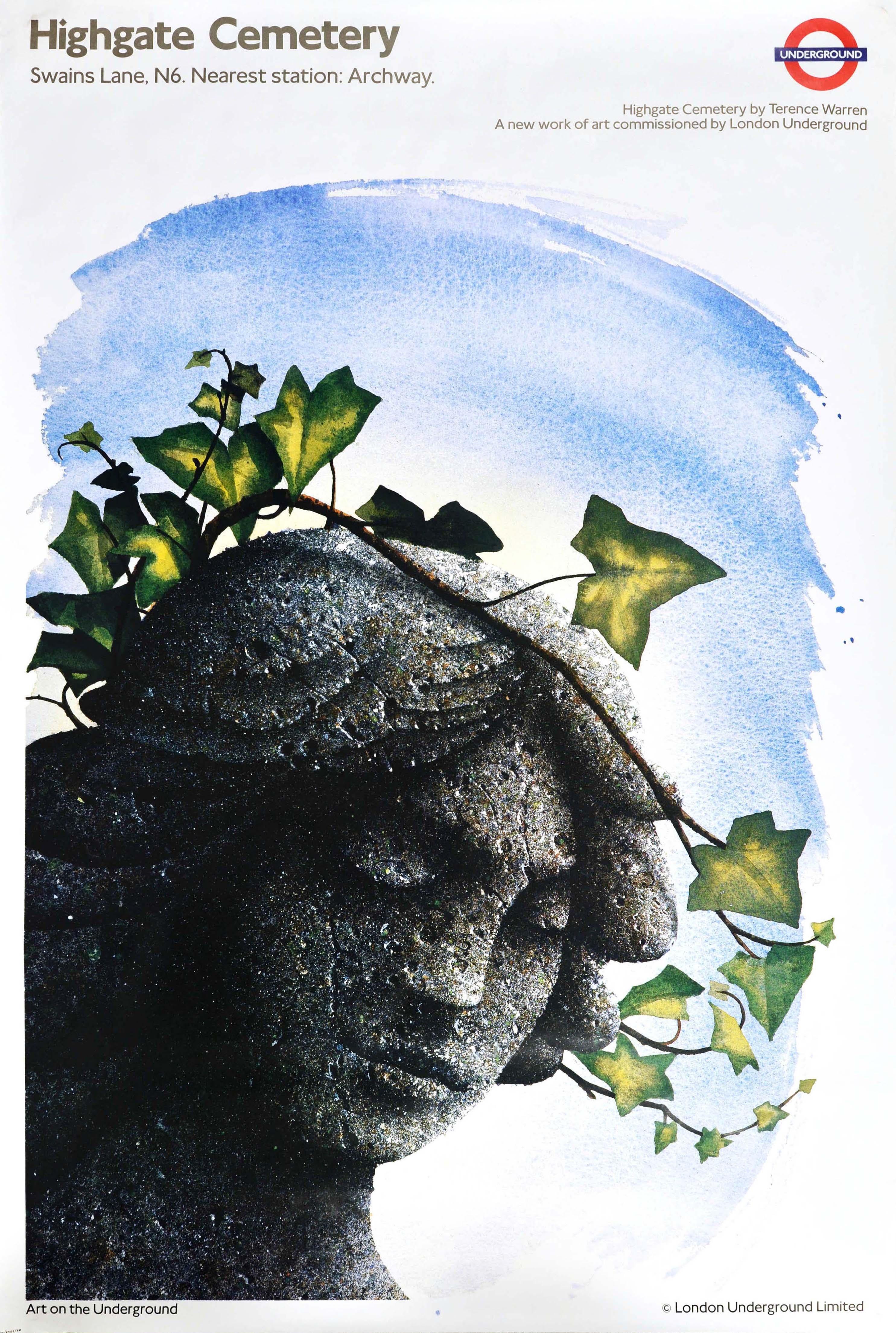 Print di Unknown - Poster vintage originale della metropolitana di Londra Highgate Cemetery Headstone Angel Art