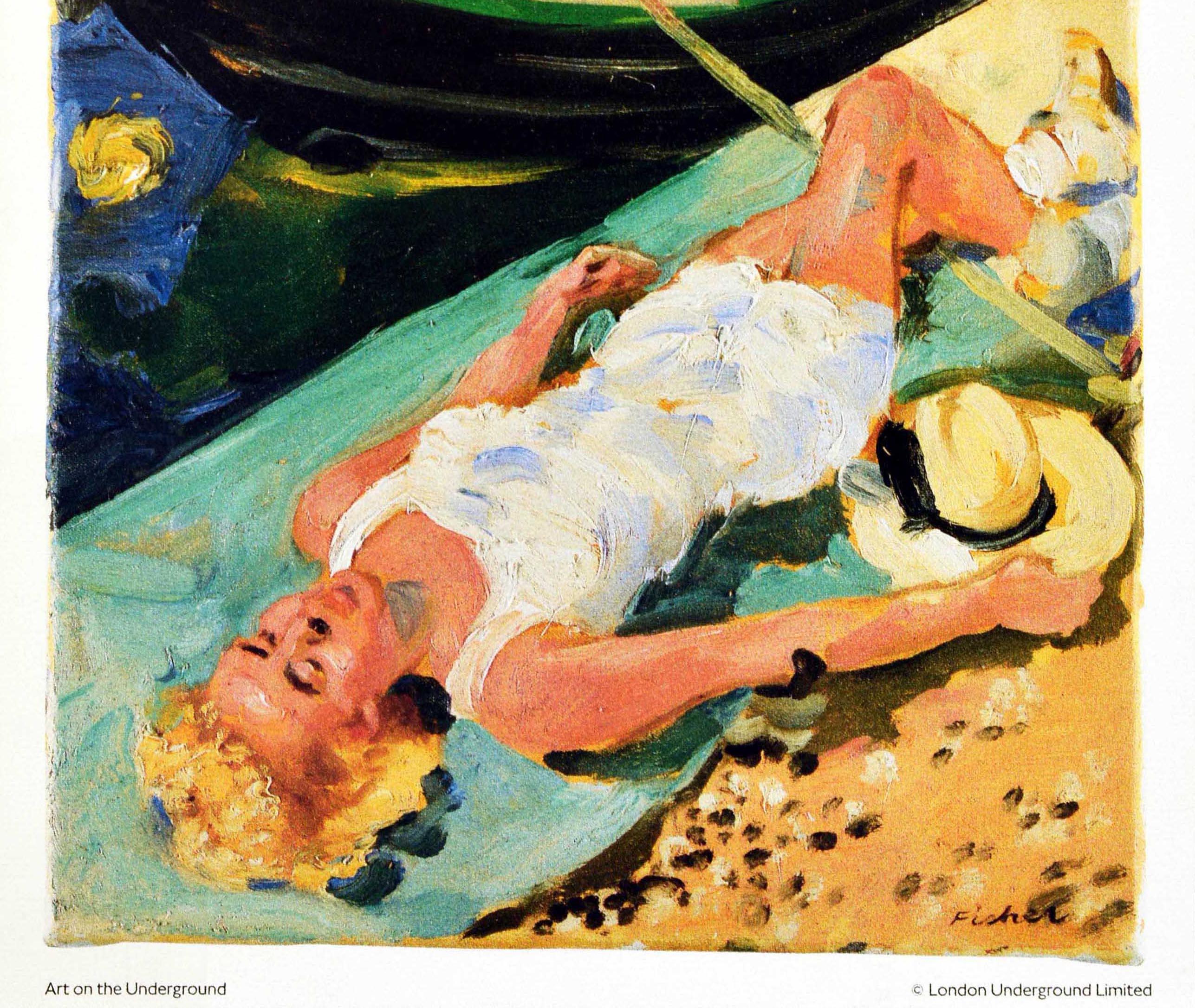 Original vintage London Underground poster - Lazy days, by tube at Little Venice. Nearest station: Warwick Avenue. Great image featuring a lady wearing a white outfit and holding a sun hat lying down sunbathing next to a canal boat on the water.