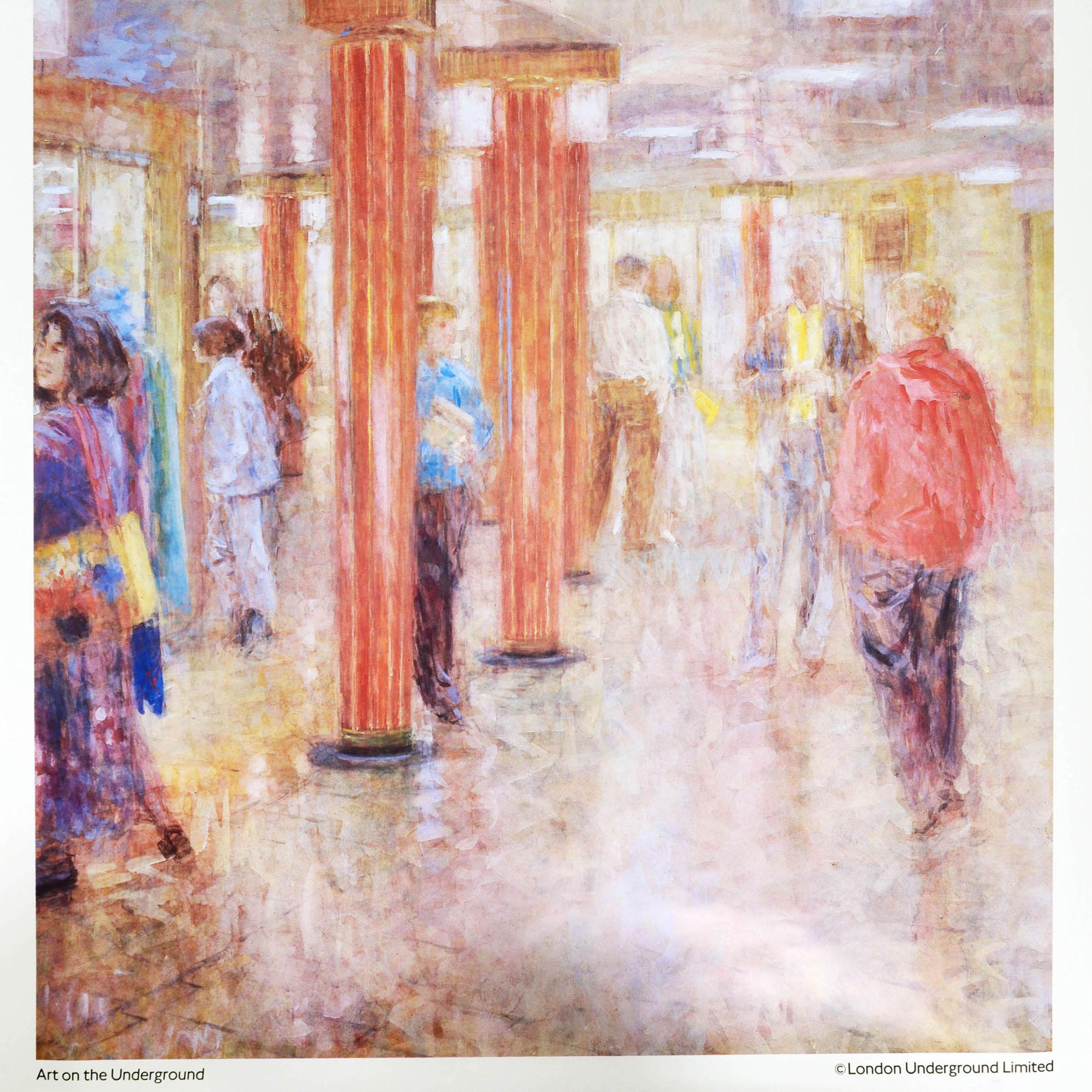 Original vintage London Underground poster - The new Piccadilly Circus - featuring passengers walking in the tube entrance hall between pillars. Piccadilly Circus by Jaqueline Rizvi a new work of art commissioned by London Underground. Art on the
