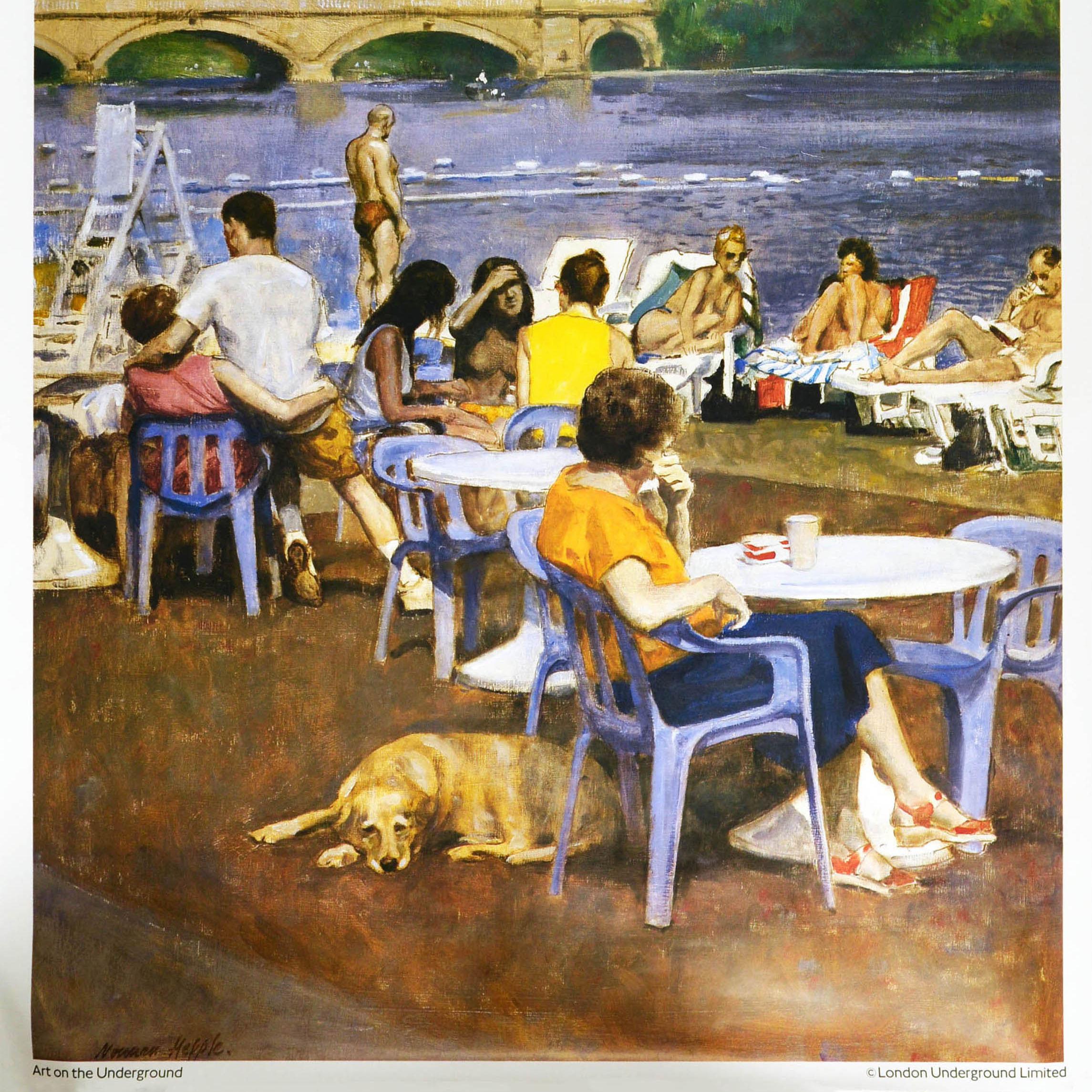 Original vintage London Underground poster - Lazing on a sunny afternoon The Serpentine Lido by Tube nearest station Knightsbridge - featuring a colourful view of people sitting with food and drink on outdoor tables and lying on deck chairs by the