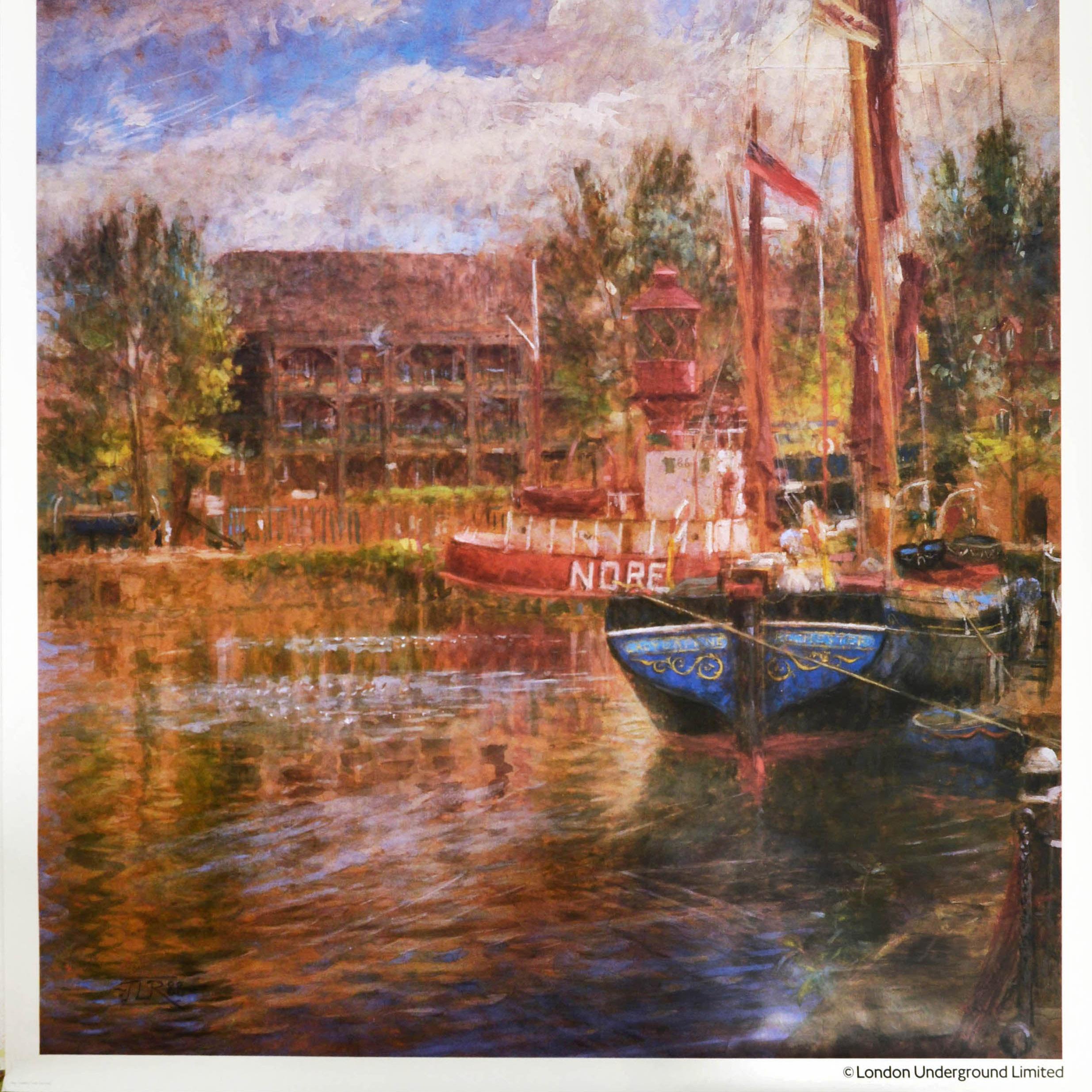 Original vintage London Underground poster - St. Katharine's Dock by Tube nearest station Tower Hill - featuring a ship and a boat moored on the water with trees and a building below the cloudy blue sky viewed from the dockside. St Katharine's Dock