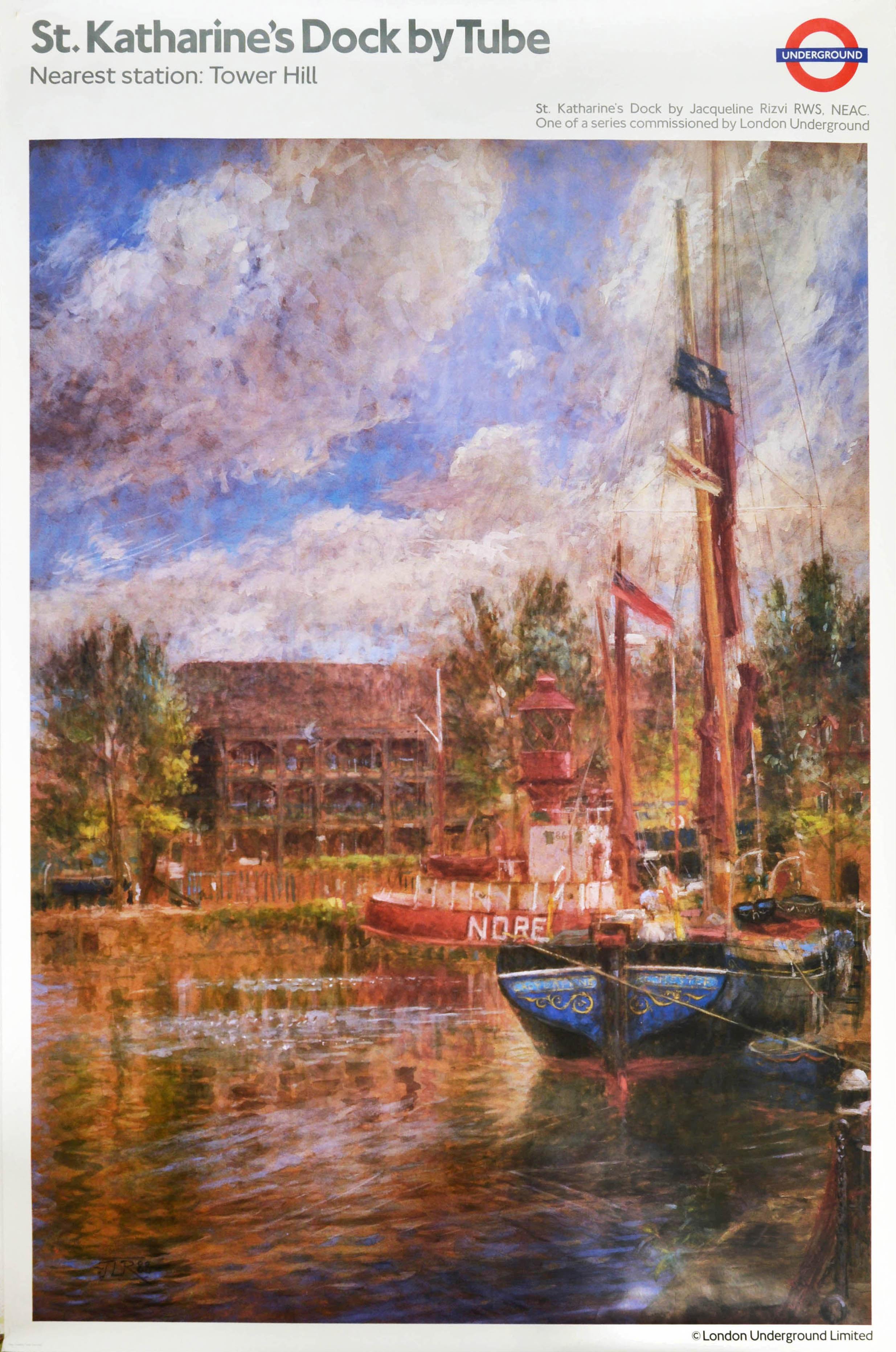 Print di Unknown - Poster vintage originale della metropolitana di Londra St Katharines Docks Tower Thames Art