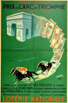 Original Vintage Lottery Poster Loterie Nationale Arc De Triomphe Horse Race Art