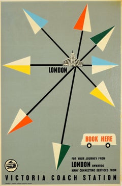 Affiche de voyage vintage d'origine du milieu du siècle dernier, London Victoria Coach Station, Art Deco