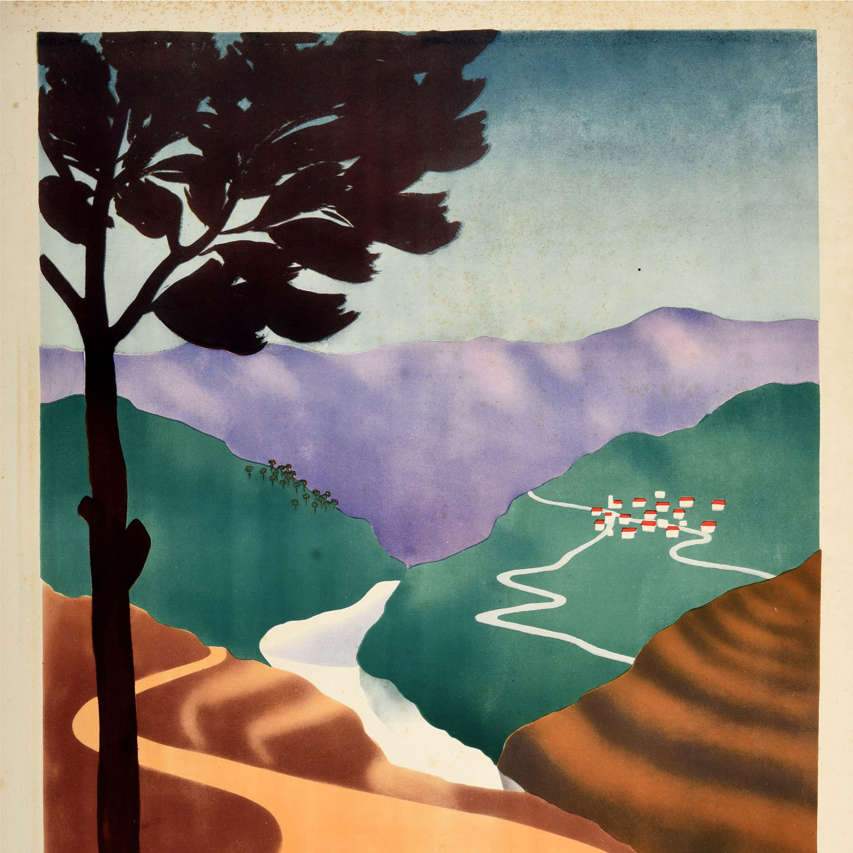 Original vintage Middle East travel poster for Lebanon - To The Cool Mountain Air The Lebanese Way - featuring scenic artwork of a path winding through the countryside into the distance with rolling hills and a river flowing through a valley towards