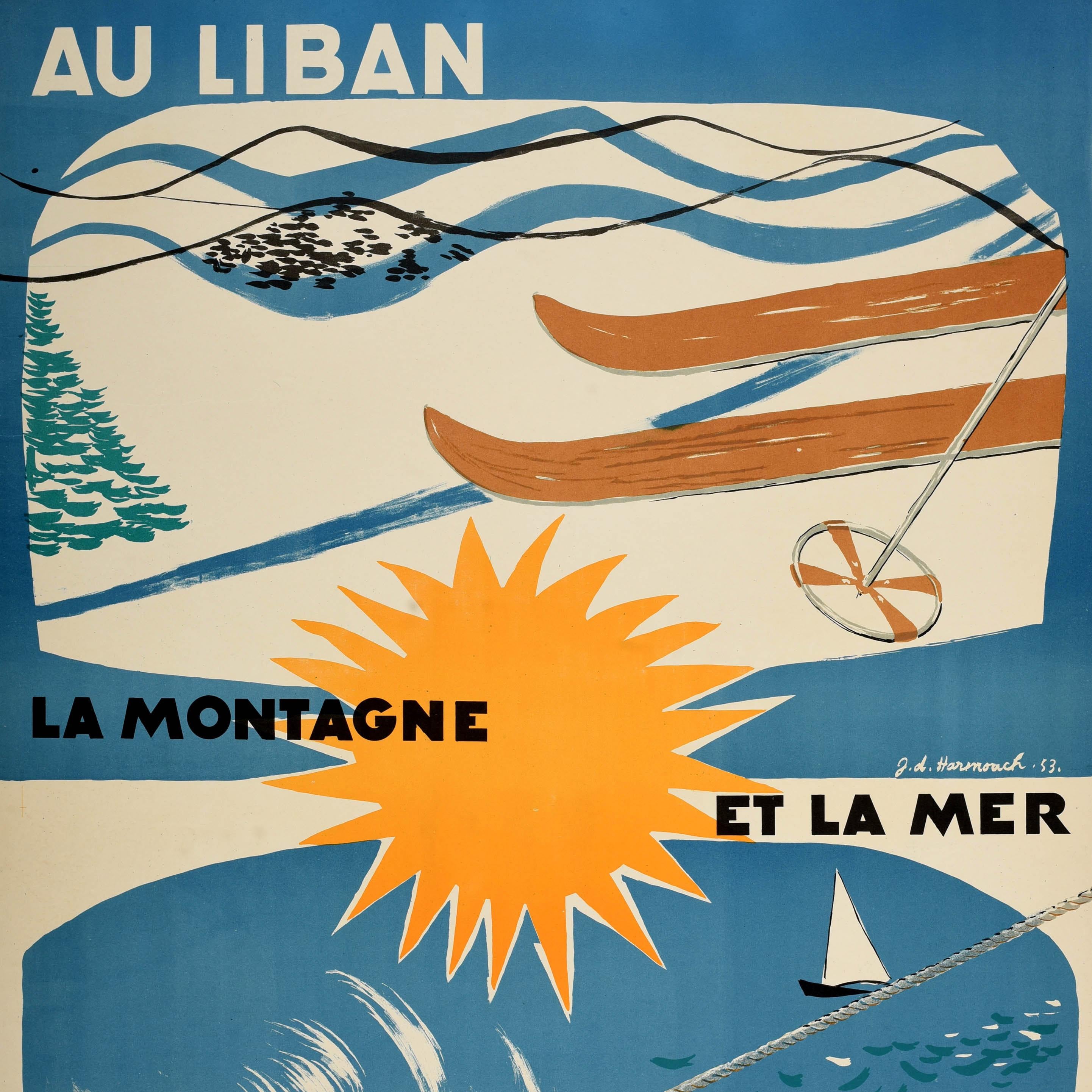 Original Vintage Middle East Travel Poster Lebanon Liban Mountain Sea Sun Sport - Beige Print by Unknown