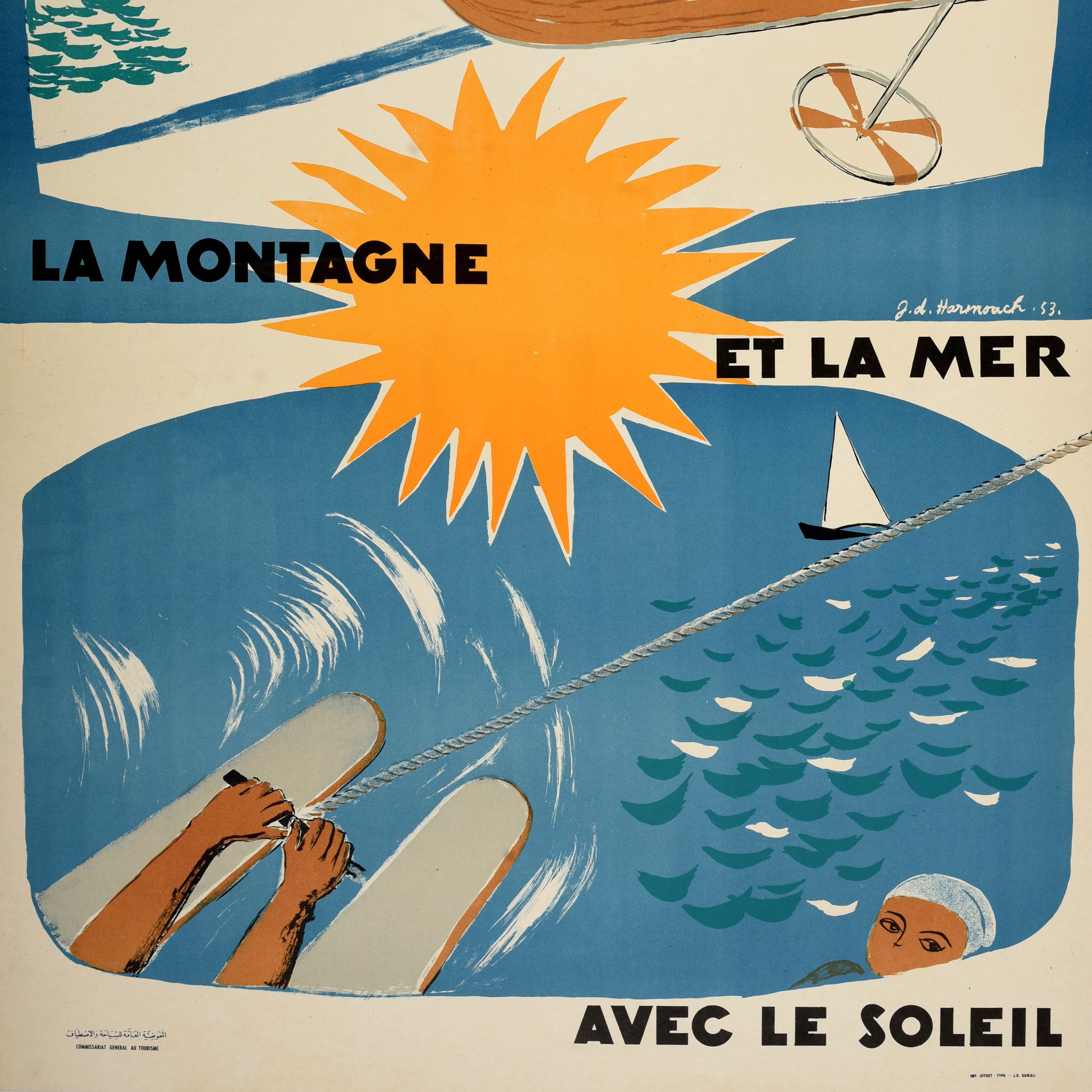 Original vintage Middle East travel poster - Au Liban La Montagne et la Mer avec le Soleil / In Lebanon The Mountain and the Sea with the Sun - featuring two sport illustrations of winter skiing and summer watersports on blue backgrounds depicting a