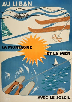 Affiche vintage originale de voyage du Moyen-Orient, Liban, Montagne, Mer, Sport