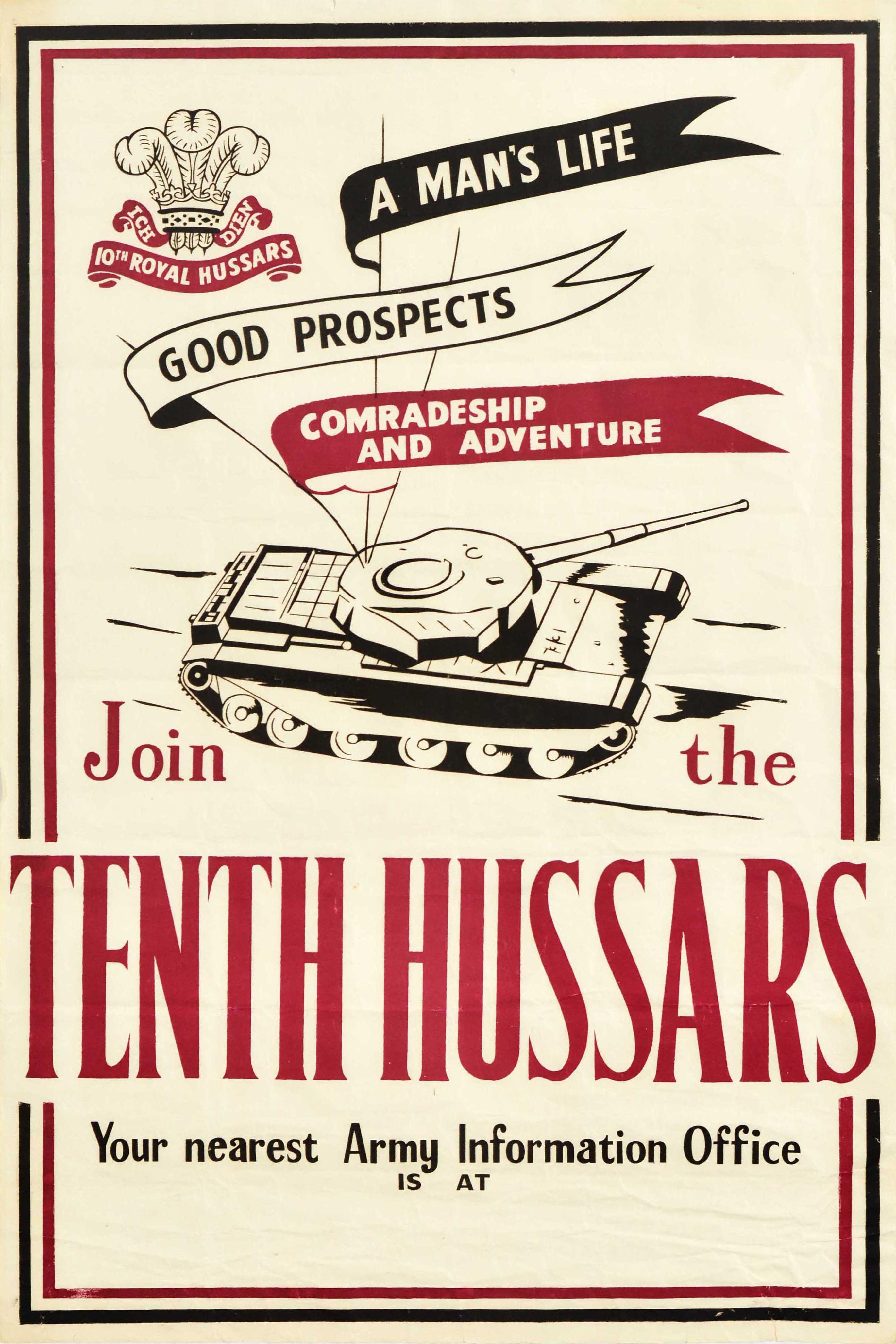 Unknown Print - Original Vintage Military Recruitment Poster Join The Tenth Hussars British Army