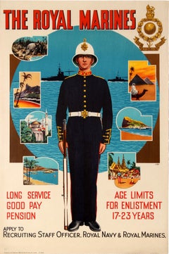 Original Vintage Military Recruitment Poster The Royal Marines By Sea By Land