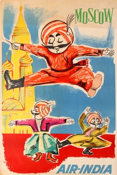 Original Vintage Moscow Air India Poster Maharajah Cossack Dancing On Red Square
