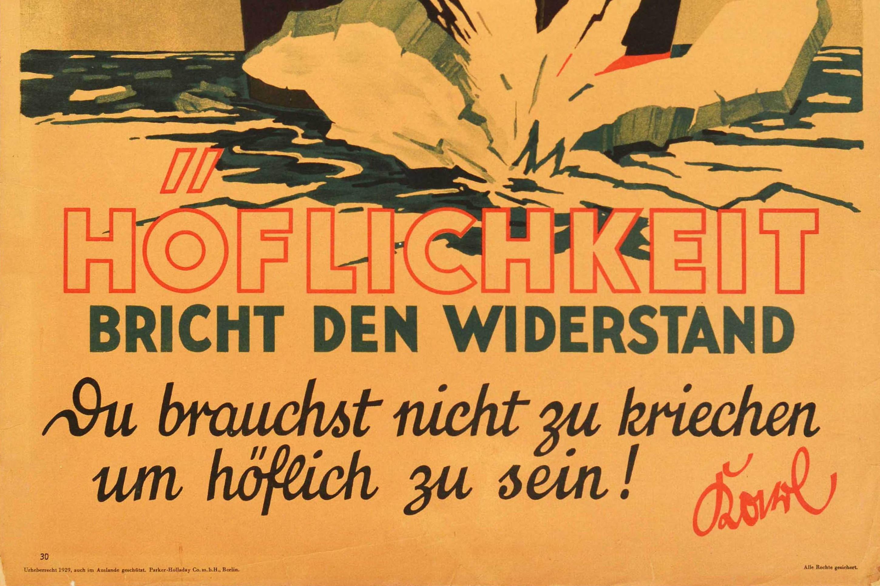 Poster motivazionale originale d'epoca Hoflichkeit Cortesia rompe la resistenza Citazione - Print Arancia di Unknown