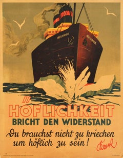 Original Antique Motivation Poster Hoflichkeit Courtesy Breaks Resistance Quote