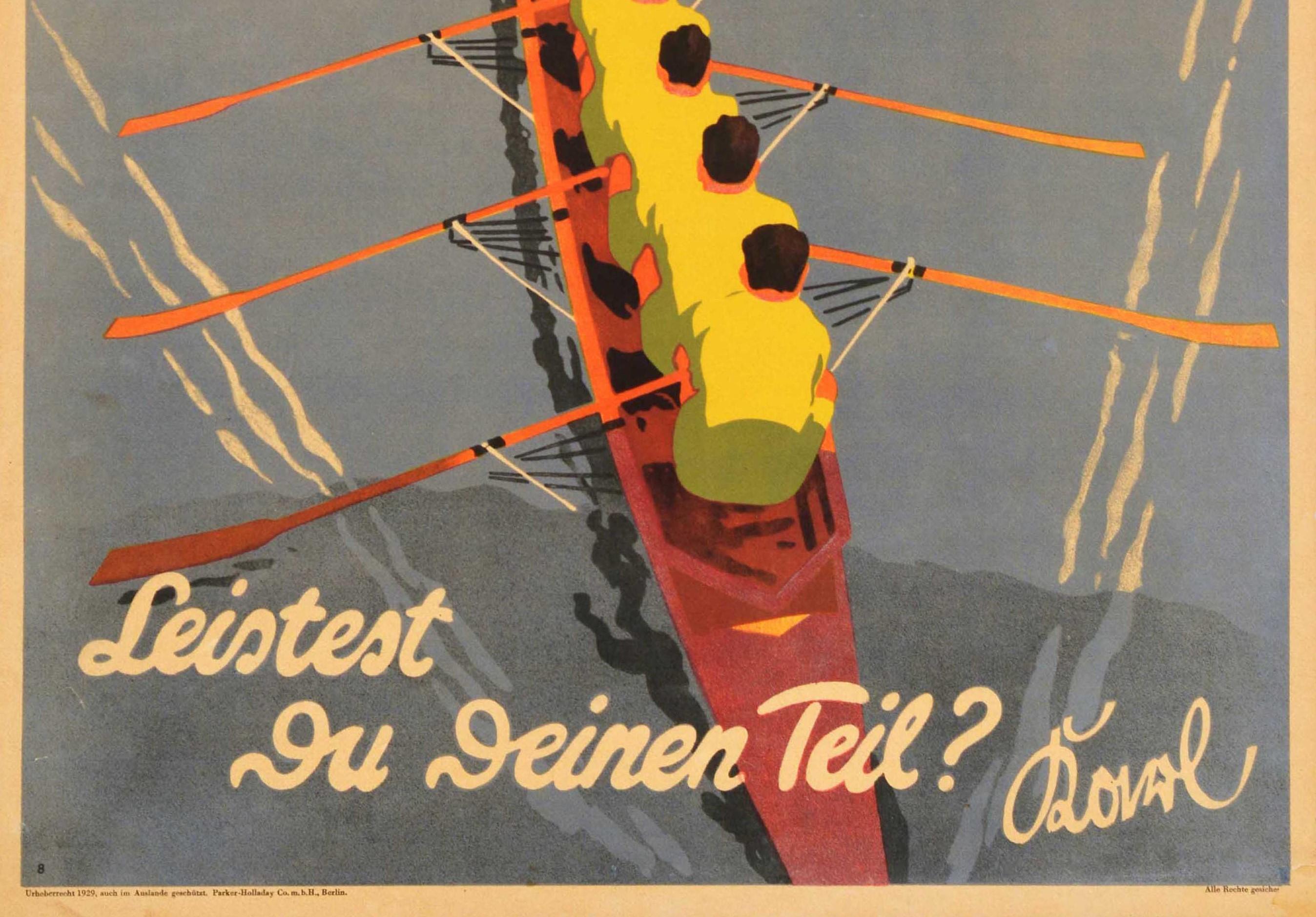 Poster motivazionale originale d'epoca Zusammenwirken Work Together Victory Rowing - Print Grigio di Unknown