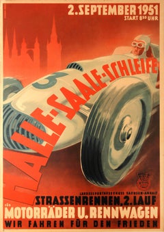 Original Retro Motor Car Racing Event Poster For The 1951 Halle Saale Schleife