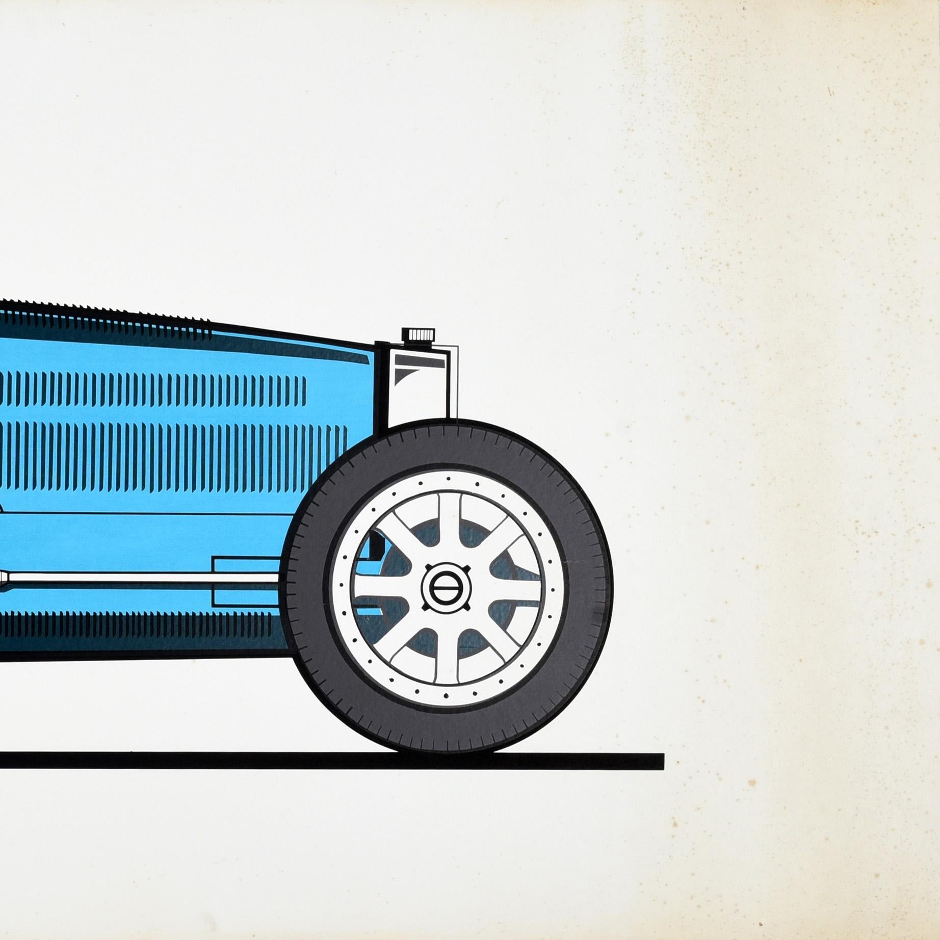 Poster originale d'epoca per l'auto da corsa Bugatti Type 35 del 1924 con una grande illustrazione del profilo laterale di un'auto Bugatti blu contrassegnata dal numero 3. Prodotta dal 1924 al 1930, l'iconica auto da corsa Bugatti Type 35,
