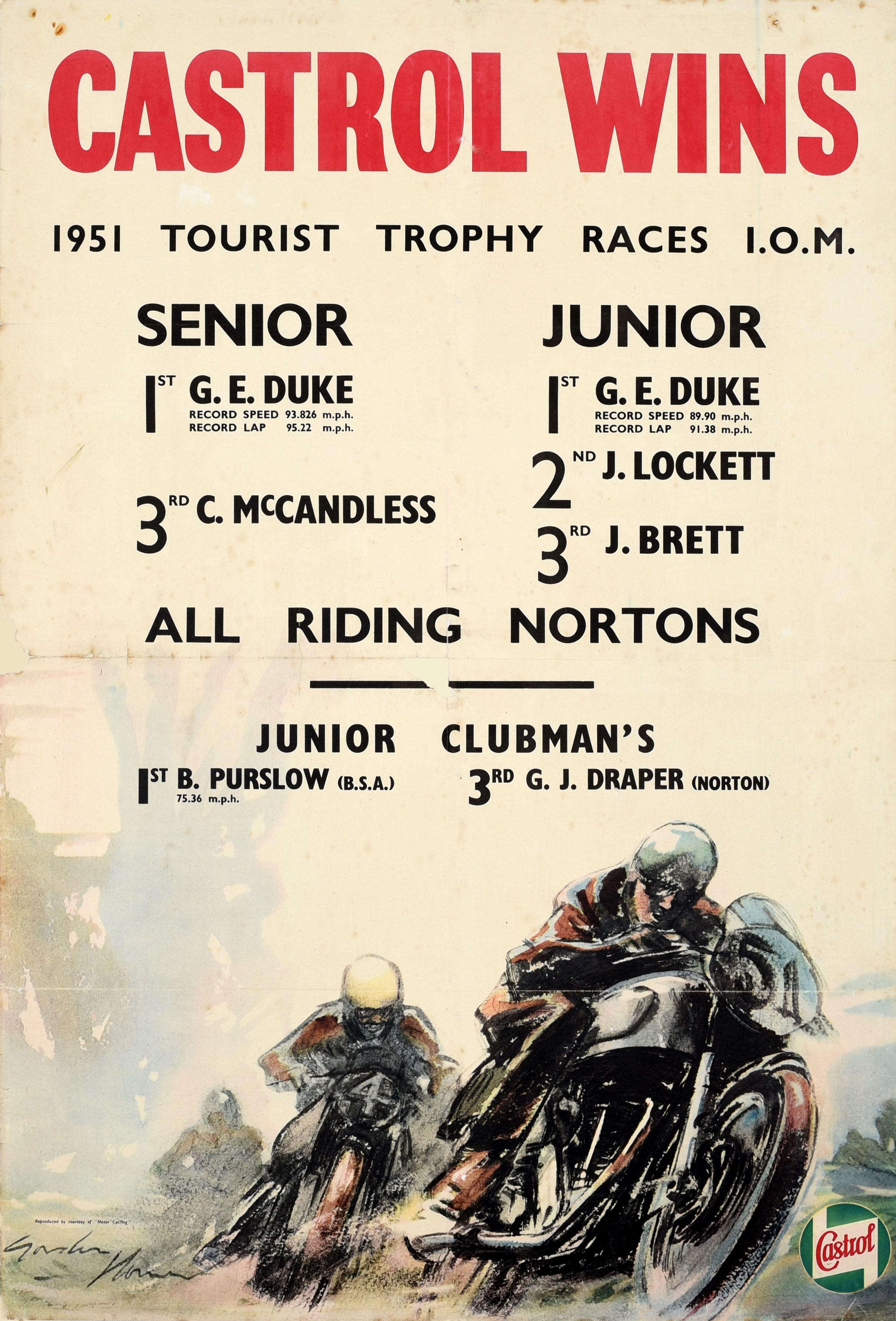 Unknown Print - Original Vintage Motorsport Poster Castrol Wins 1951 Isle Of Man TT Races