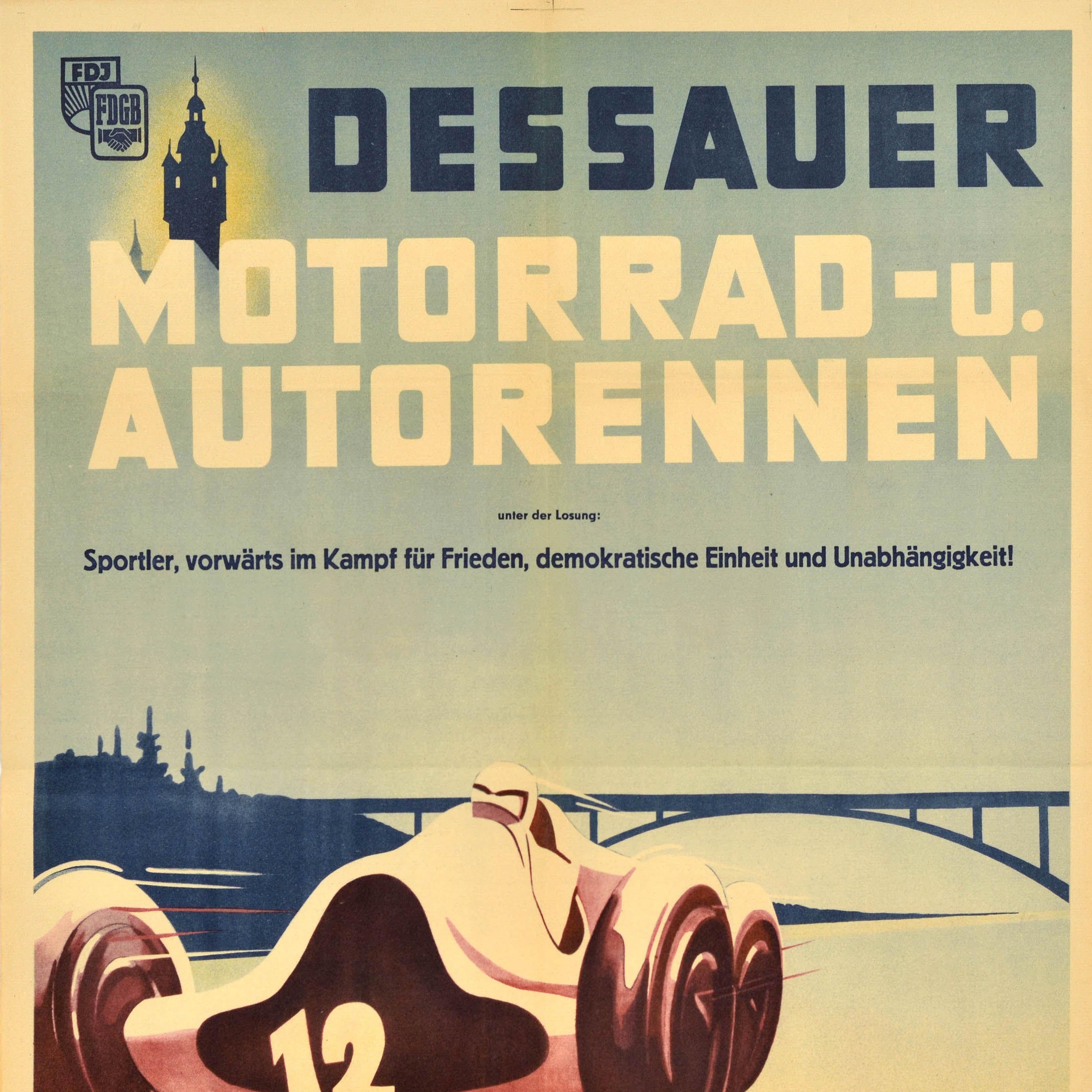 Original Vintage Motorsport Poster Dessau Motorcycle Car Race Germany Midcentury - Beige Print by Unknown