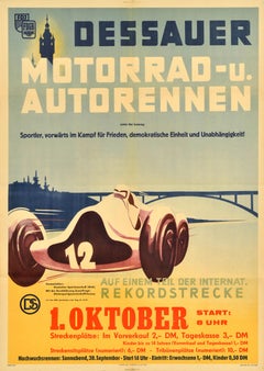 Original Vintage Motorsport Poster Dessau Motorcycle Car Race Germany Midcentury