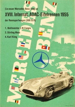 Affiche originale de sport vintage Mercedes Benz Victory ADAC, 1955, 300SLR Fangio