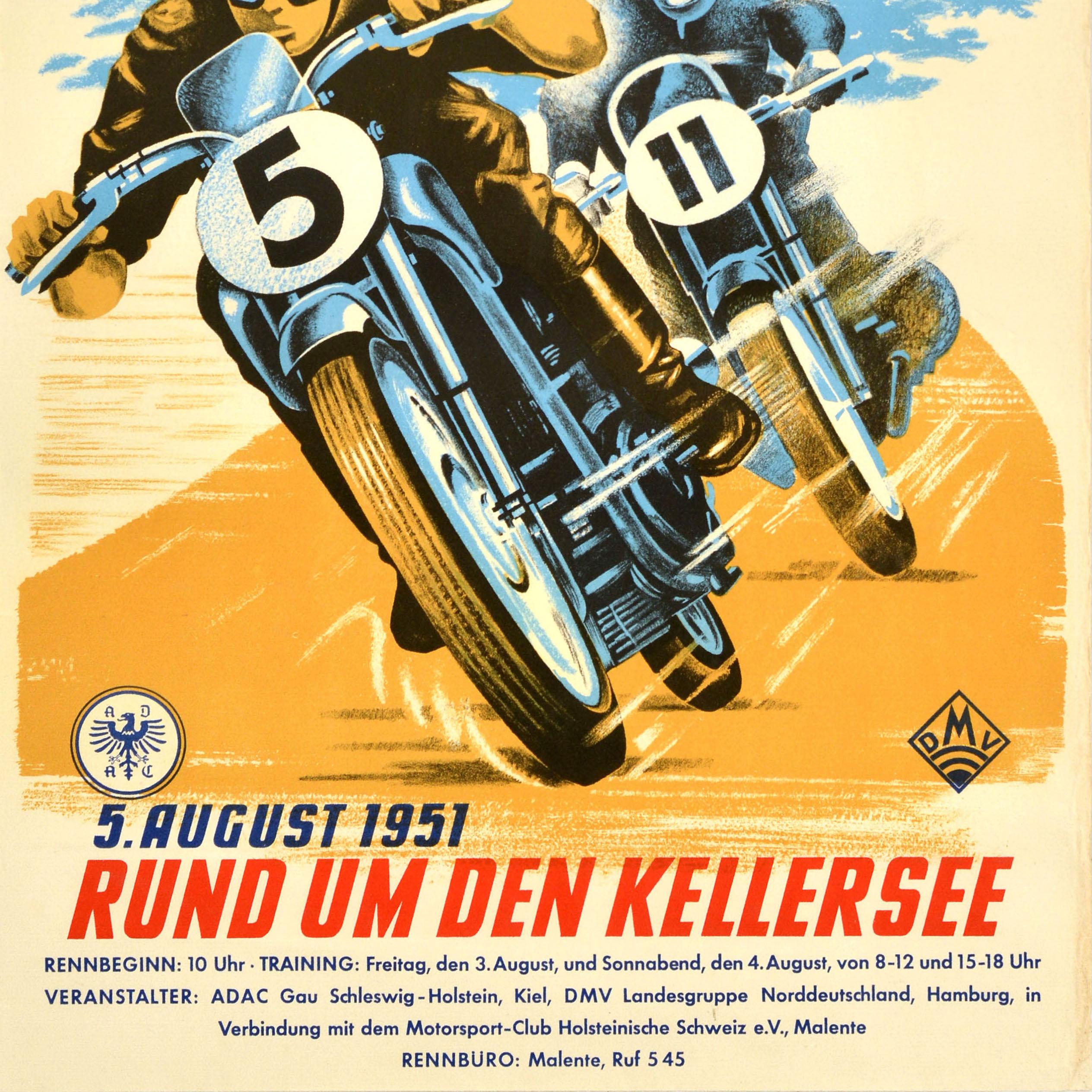 Original vintage advertising for a race sponsored by Pheonix Reifen Rund um den Kellersee / Phoenix Tyres around Kellersee Lake on 5 August 1951 - featuring a colourful design showing two motorcyclists on blue motorbikes racing around the corner on