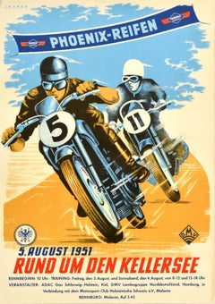 Original Vintage Motorsport Poster Motorcycle Race Phoenix Reifen 1951 Kellersee