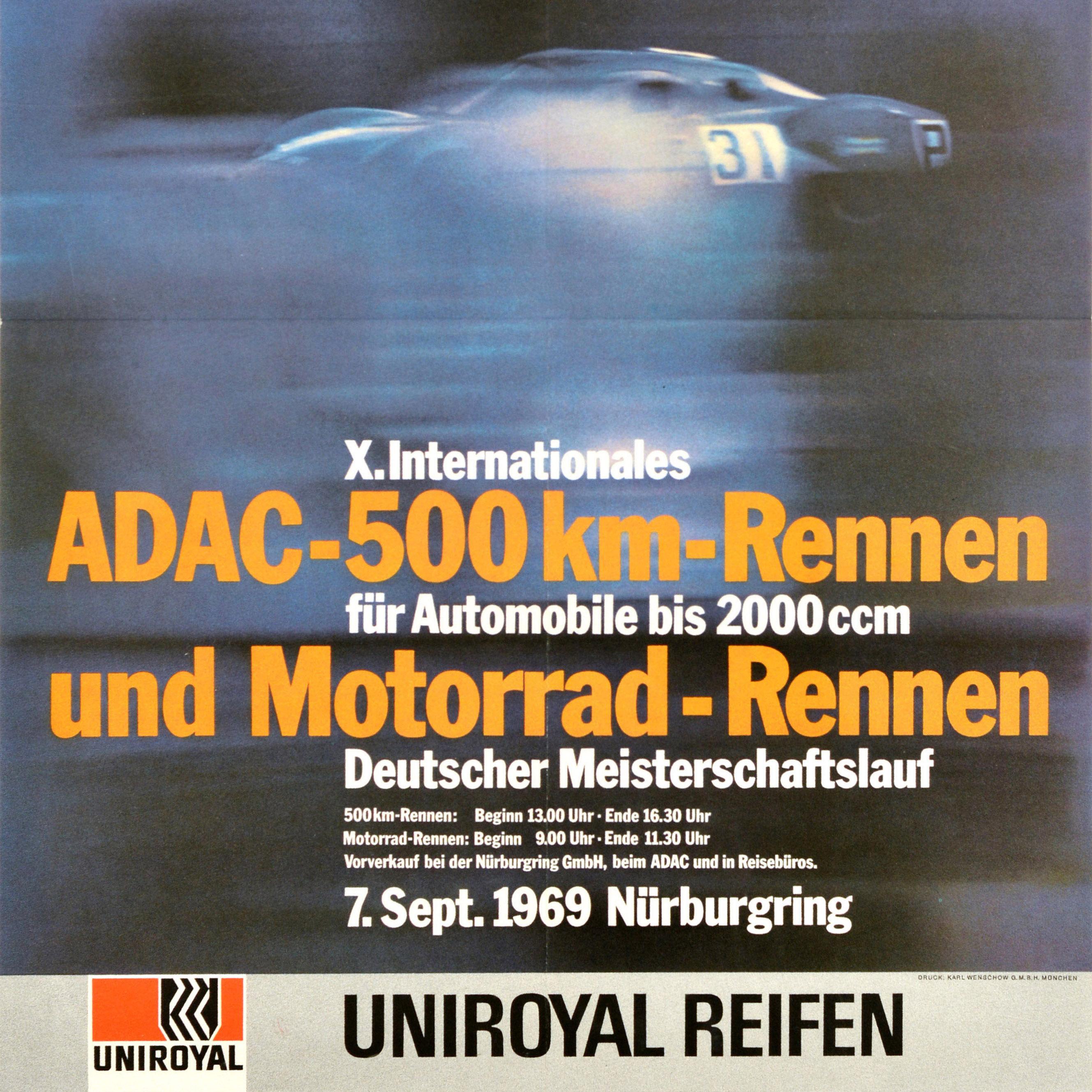 Cartel original de automovilismo de época para la carrera del Campeonato Alemán - X Internationales ADAC 500 km Rennen und Motorrad Rennen Deutscher Meisterschaftslauf - 10ª Carrera Internacional ADAC de 500 km para coches de hasta 2000 cc y Carrera