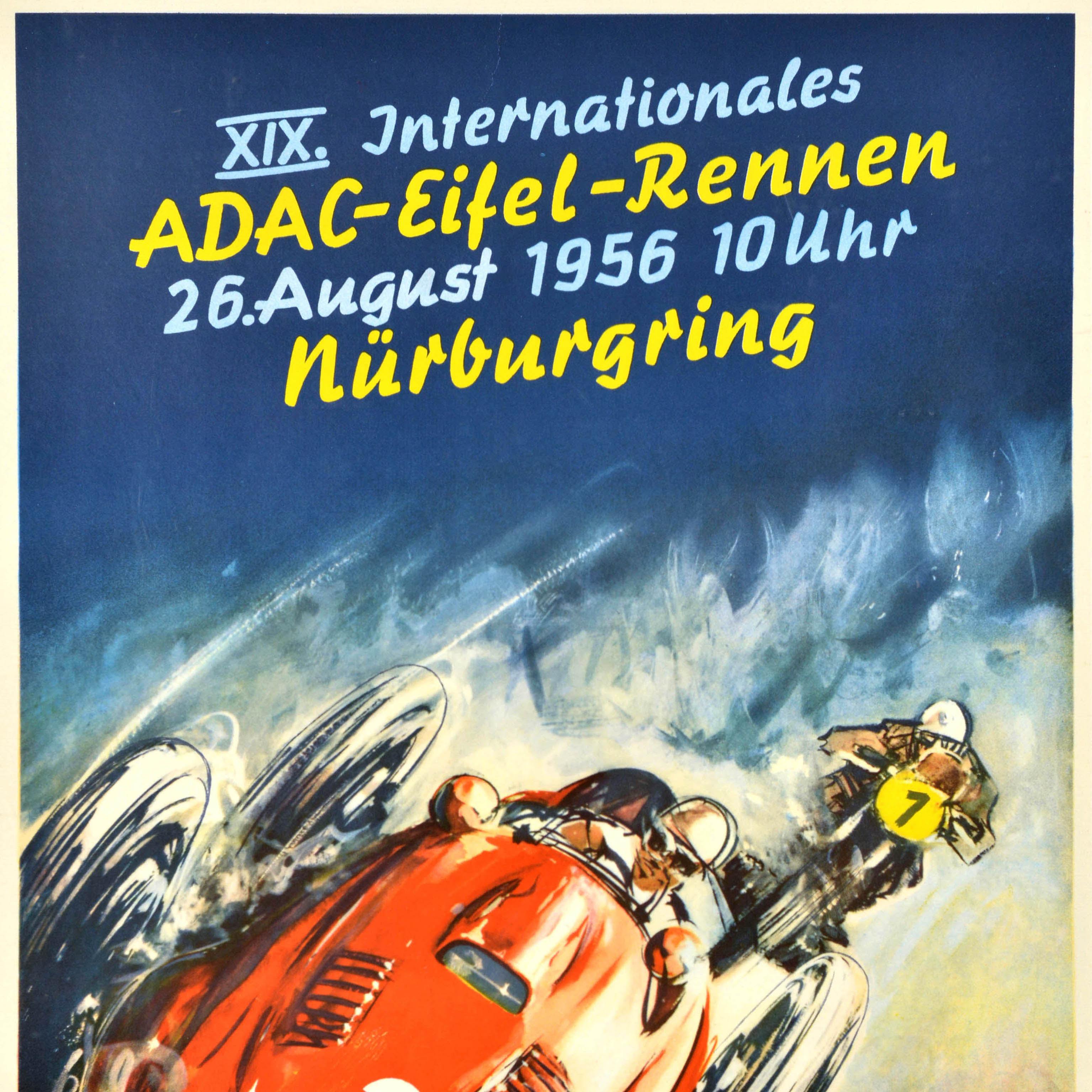 Original vintage motorsport poster for the XIX Internationales ADAC Eifel Rennen annual international motor race organised by the Allgemeiner Deutscher Automobil-Club (ADAC; established 1903) German Automobile Club on 26 August 1956 in Nurburgring
