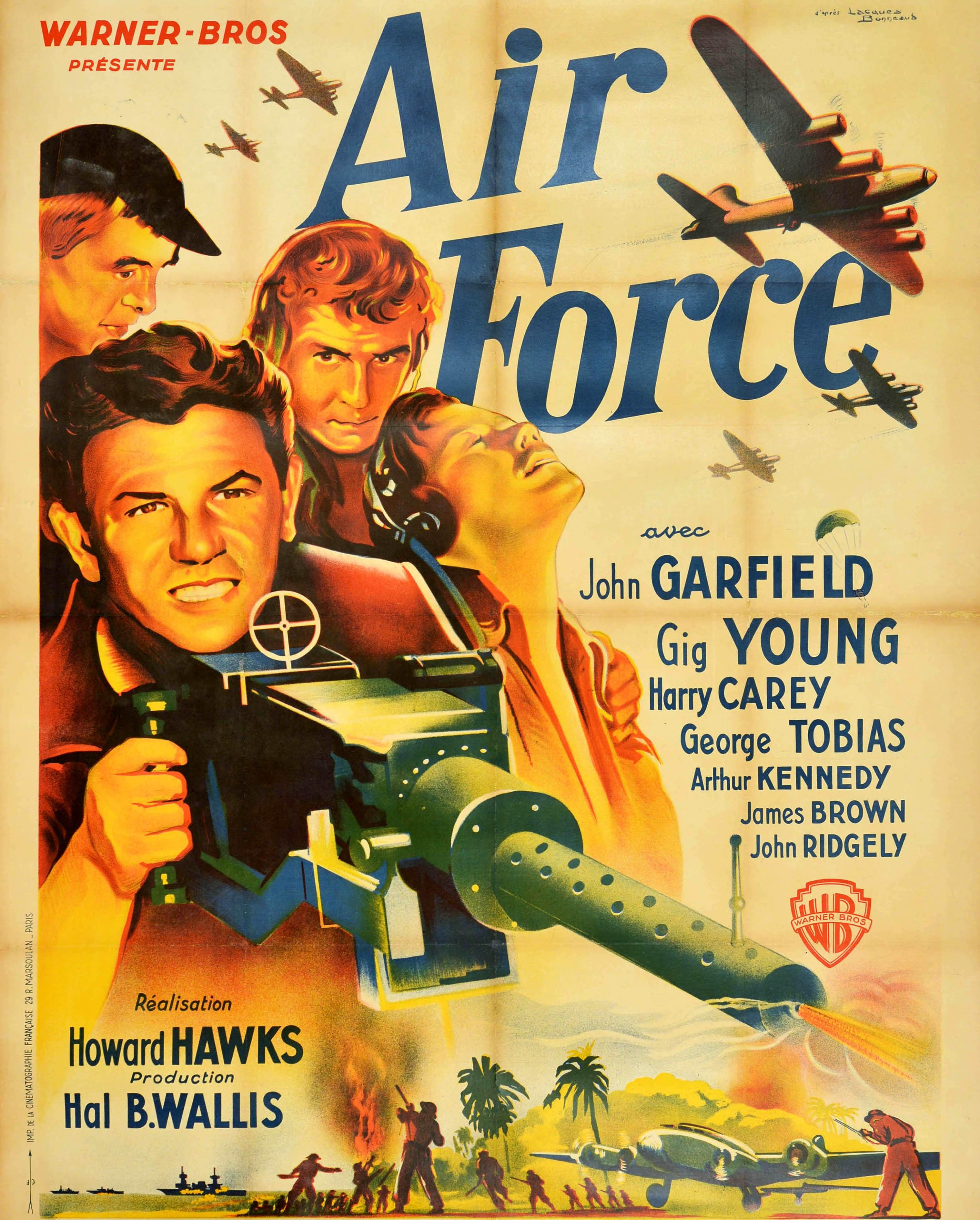 Original-Filmplakat für den französischen Kinostart eines amerikanischen Luftfahrtfilms aus dem Zweiten Weltkrieg von 1943 über die Besatzung eines Bombenflugzeugs in Pearl Harbour, die nach Manila geschickt wird, um bei der Verteidigung der