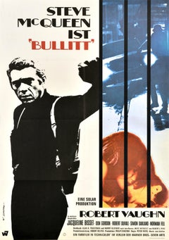 Affiche vintage d'origine du film Bullittt Steve McQueen allemand Robert Vaughn
